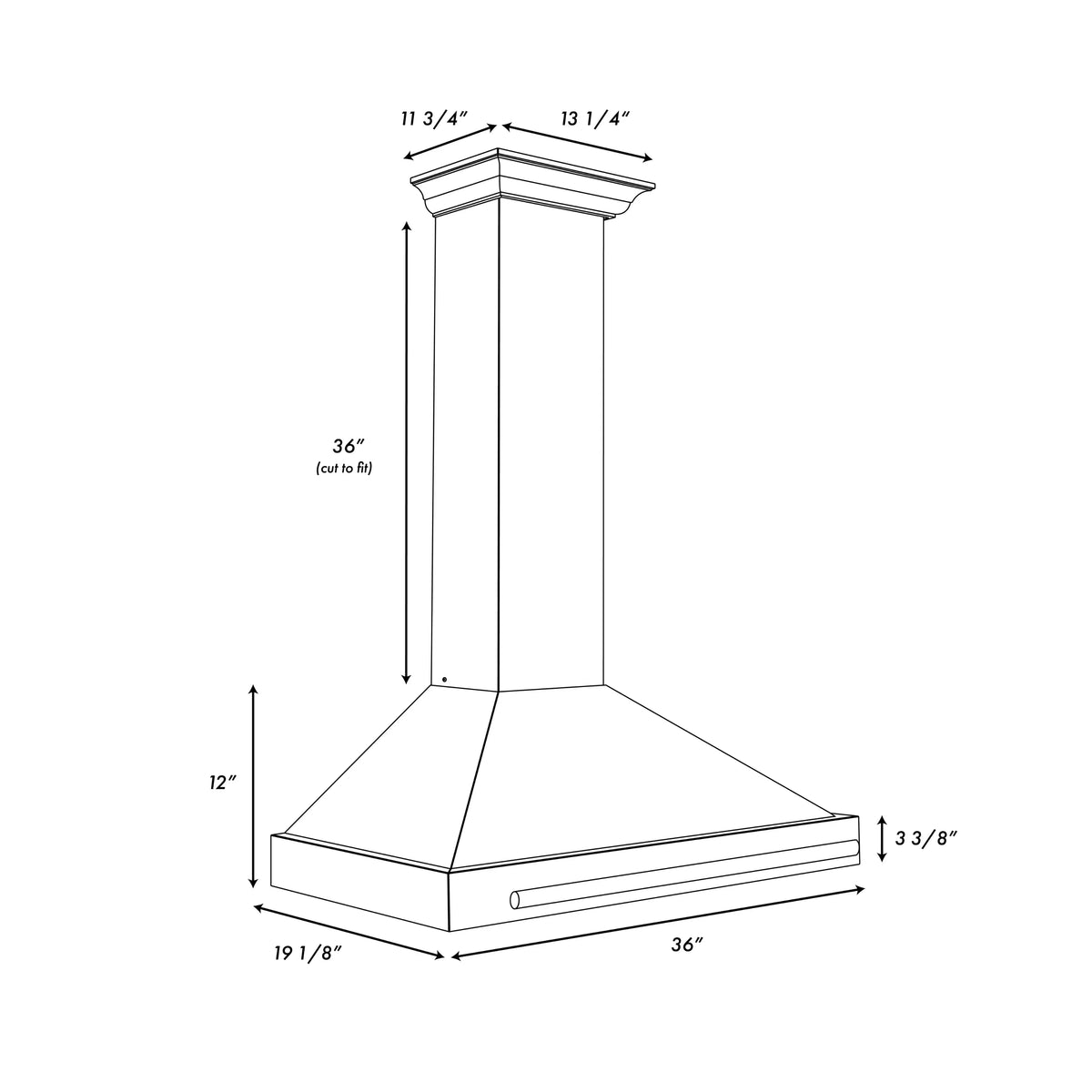Convertible range hood dimensions diagram with chimney and copper-toned canopy