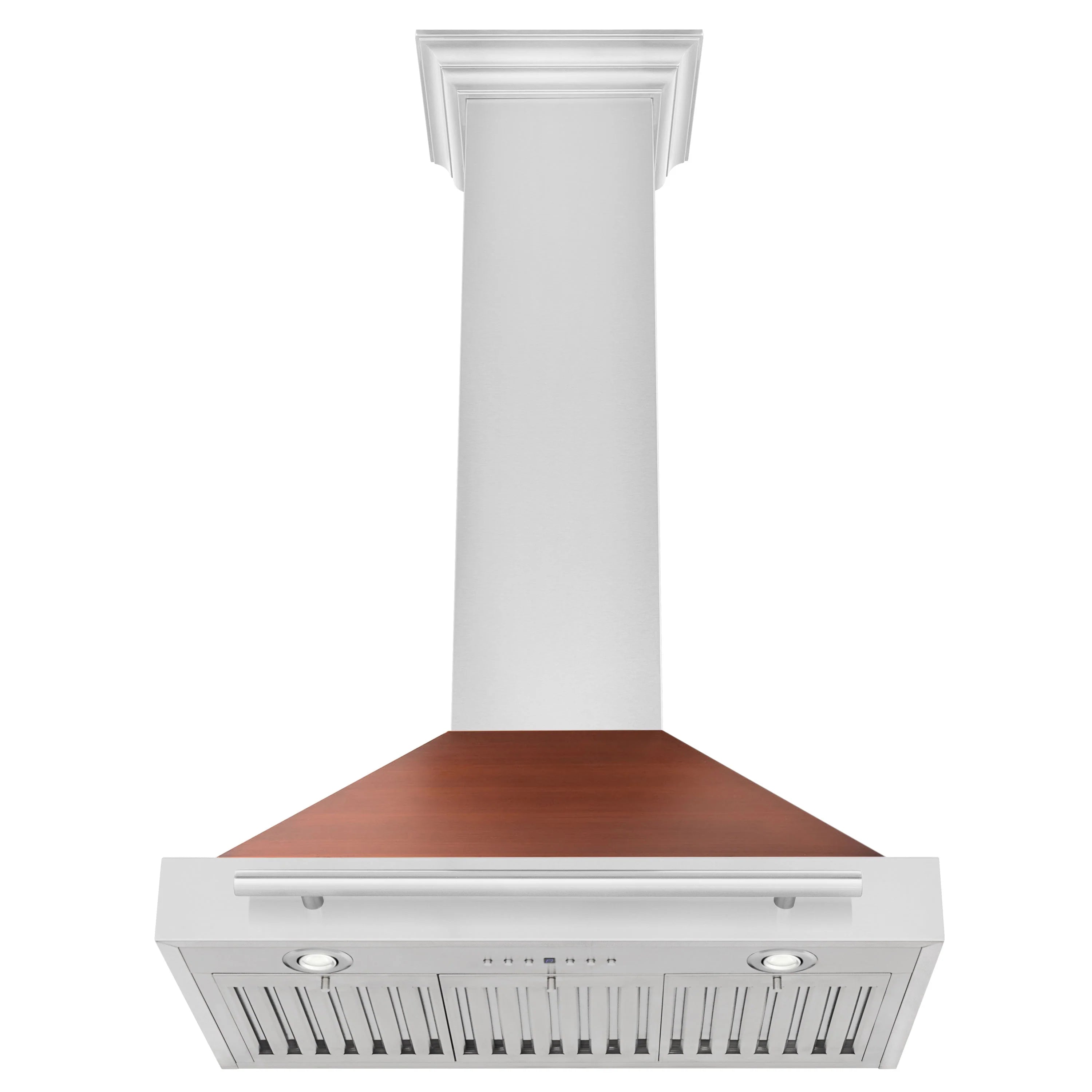 White chimney range hood with copper-toned canopy and stainless vent grille with knobs