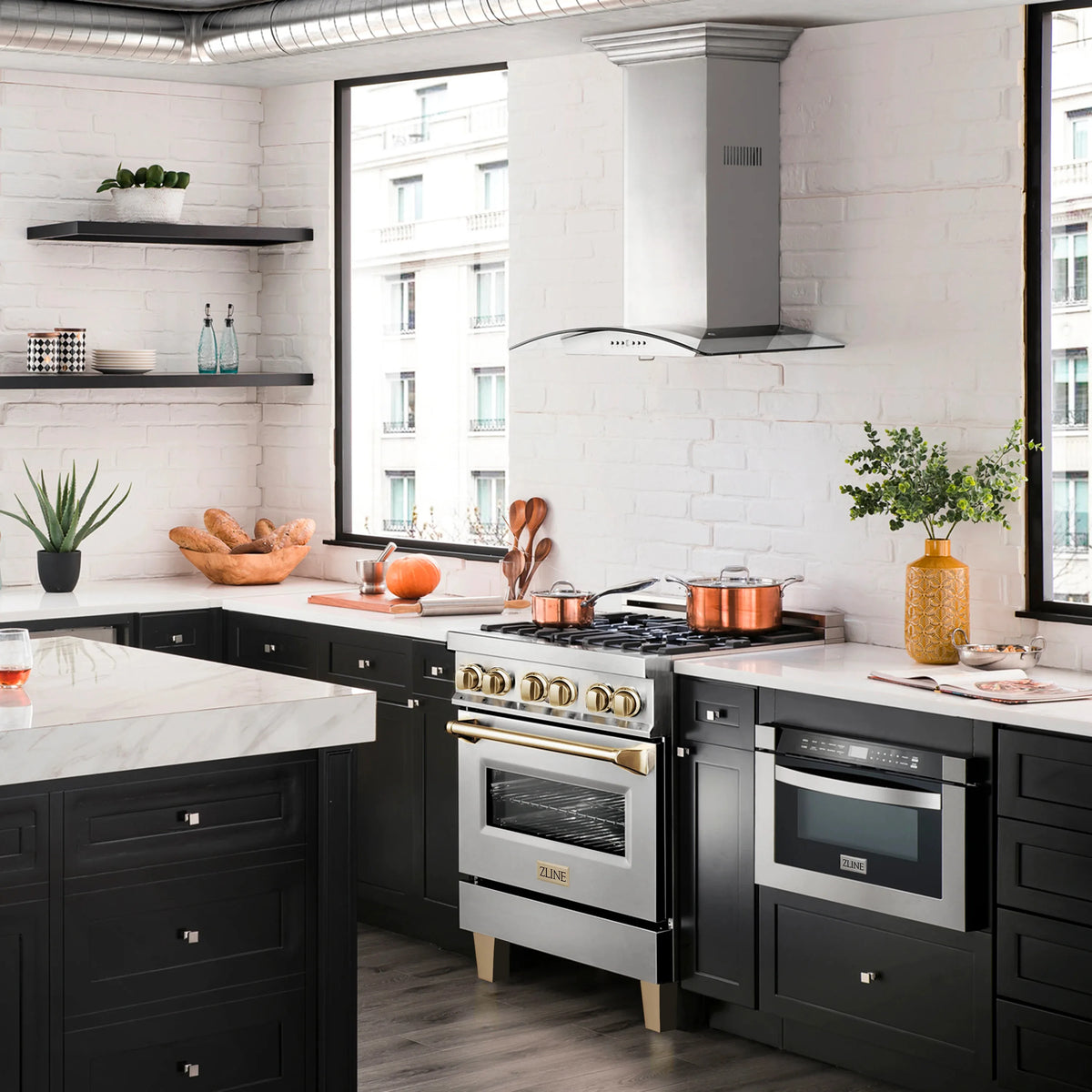 ZLINE Legacy Series Autograph Edition 30-inch Dual Fuel Range with Gas Stove and 4.0 Cu. Ft. Electric Oven in Stainless Steel with Gold Accents in a kitchen