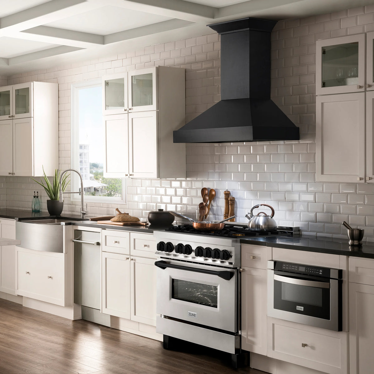 ZLINE Legacy Series Autograph Edition 36-inch Dual Fuel Range with Gas Stove and 4.6 Cu. Ft. Electric Oven in Stainless Steel with Matte Black Accents in a kitchen