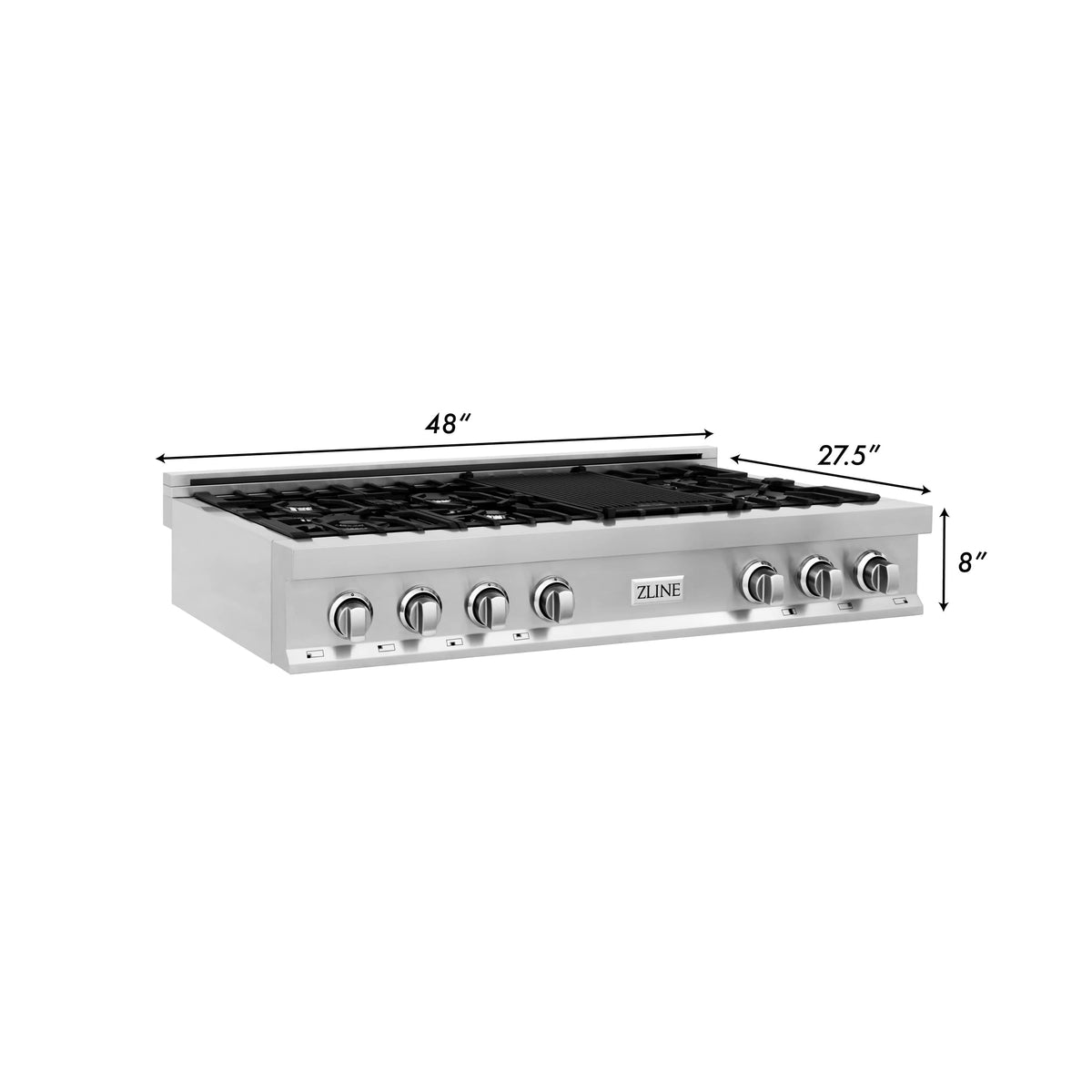 48 in. stainless gas rangetop with black grates, front controls, and side burners