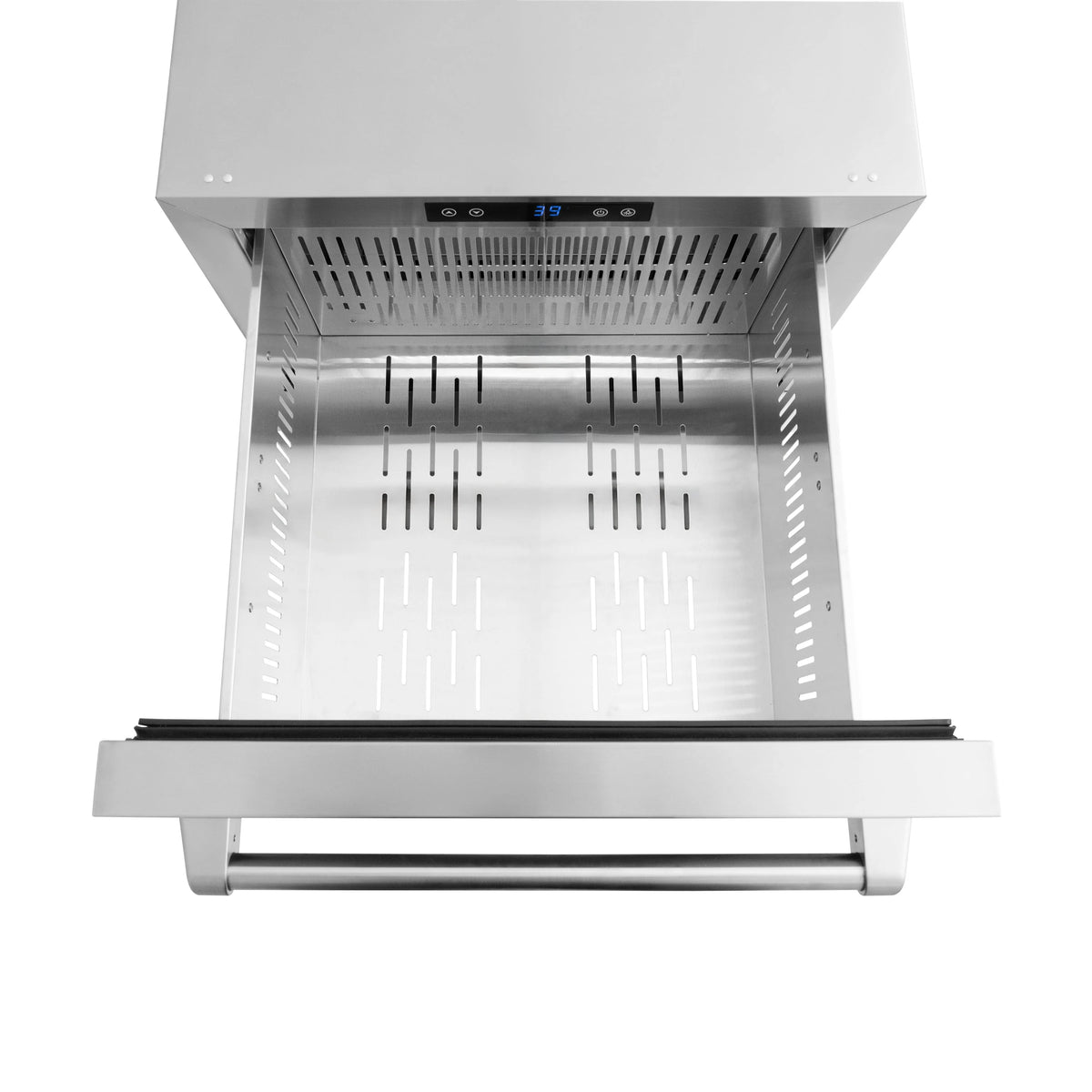 Outdoor refrigerator drawer interior with vented panels and adjustable racks