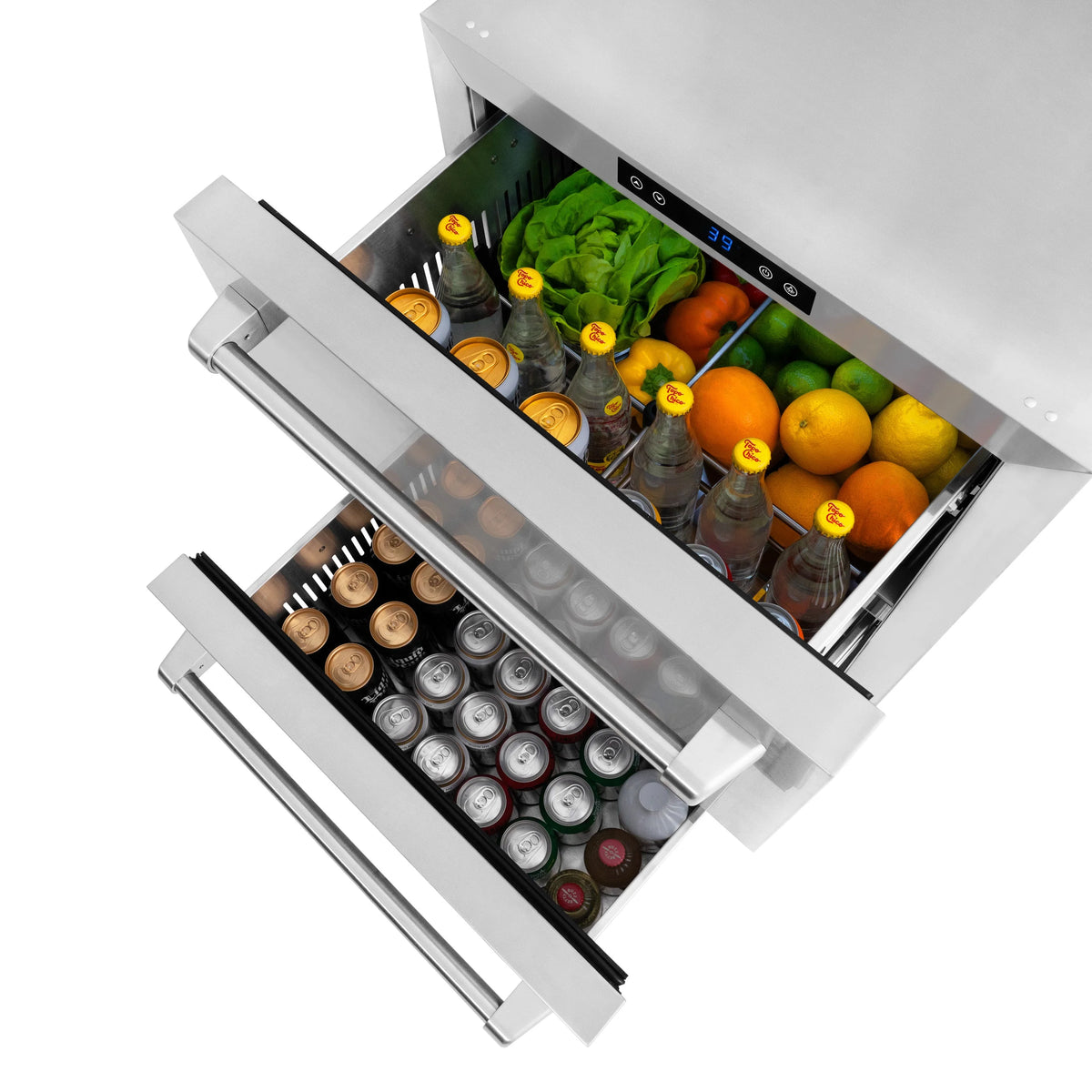 Outdoor dual refrigerator drawer open with drinks and produce visible inside