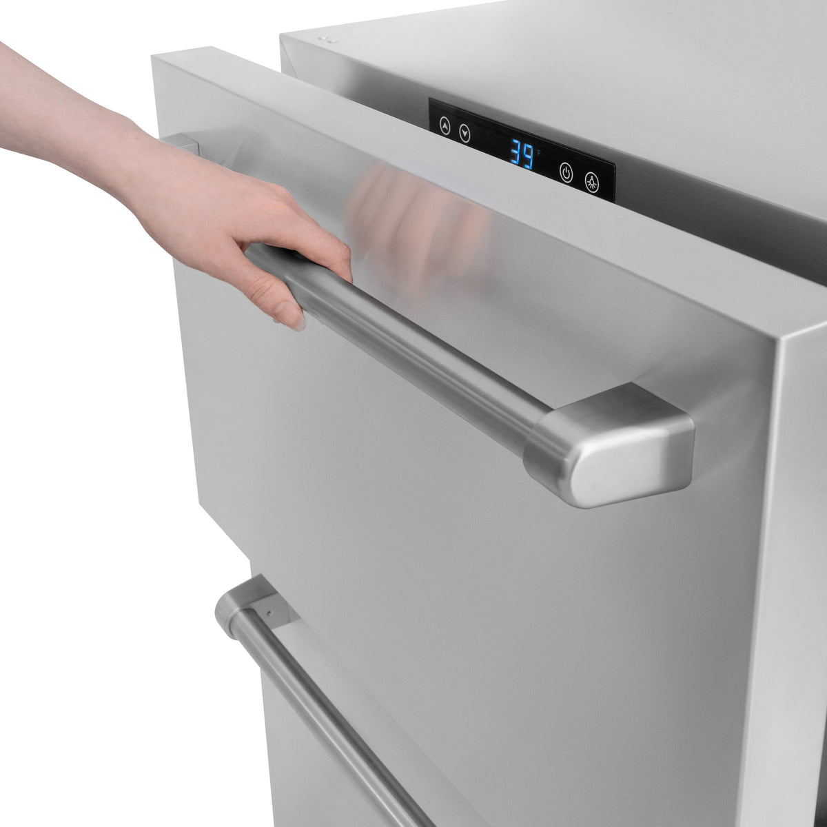 Stainless outdoor refrigerator drawer with pull handle, door partially open