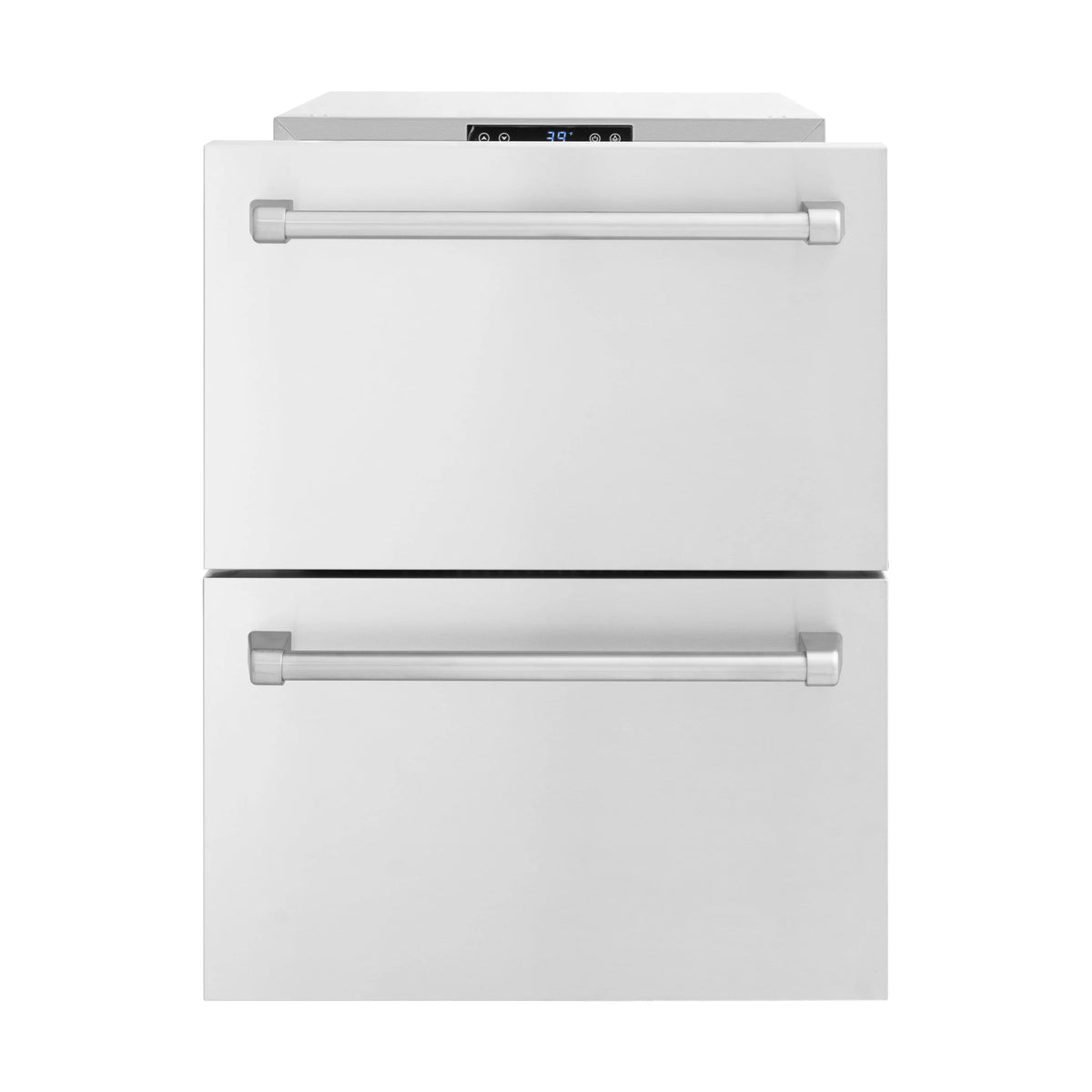 Outdoor dual refrigerator drawers with two doors and long chrome pull handles