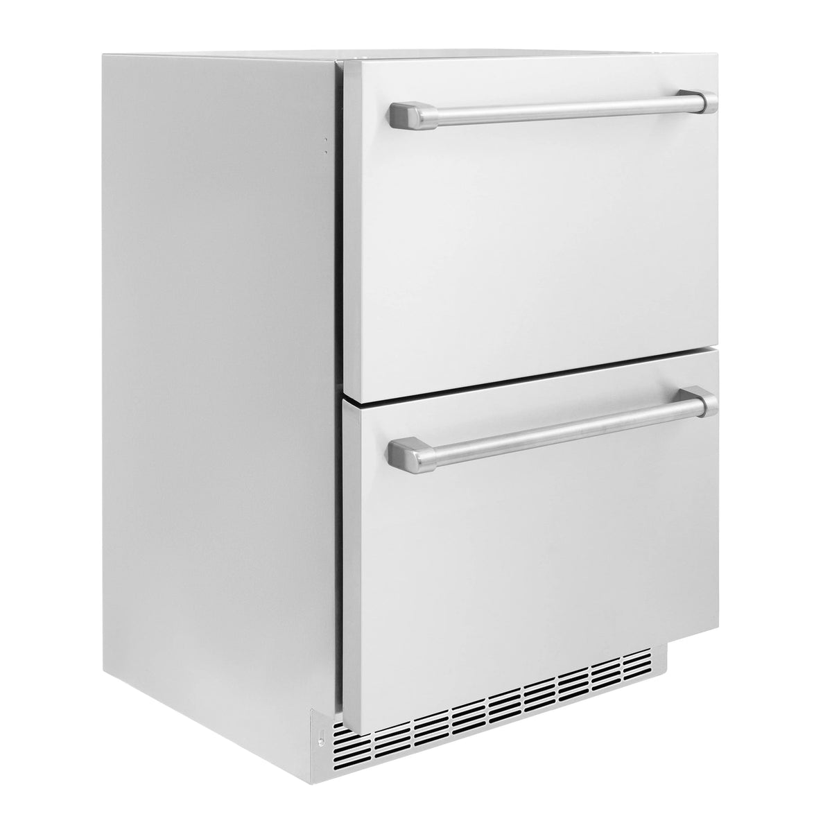Outdoor dual refrigerator drawer with stainless doors and recessed handles