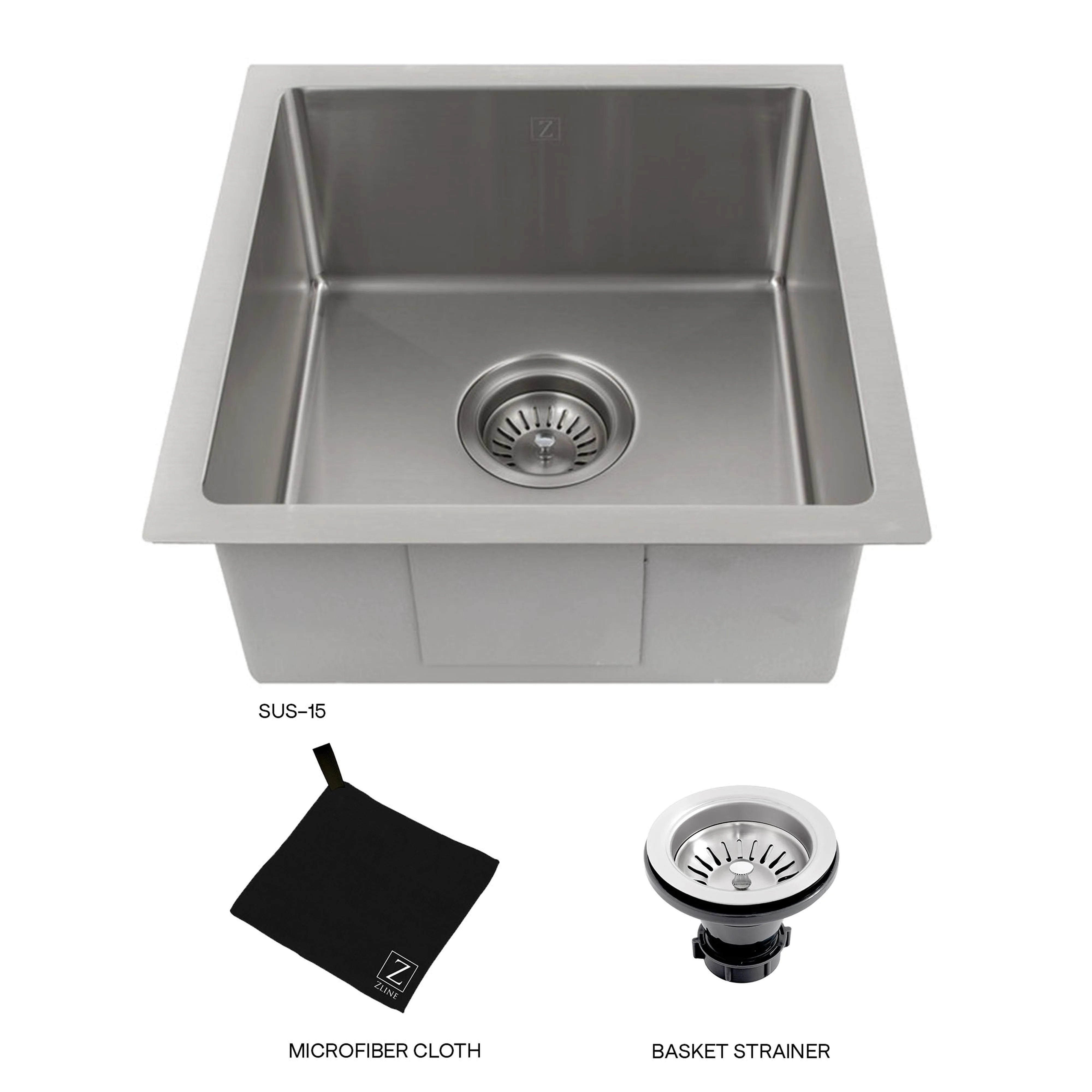 Stainless steel single-bowl undermount sink with drain strainer and included accessories.