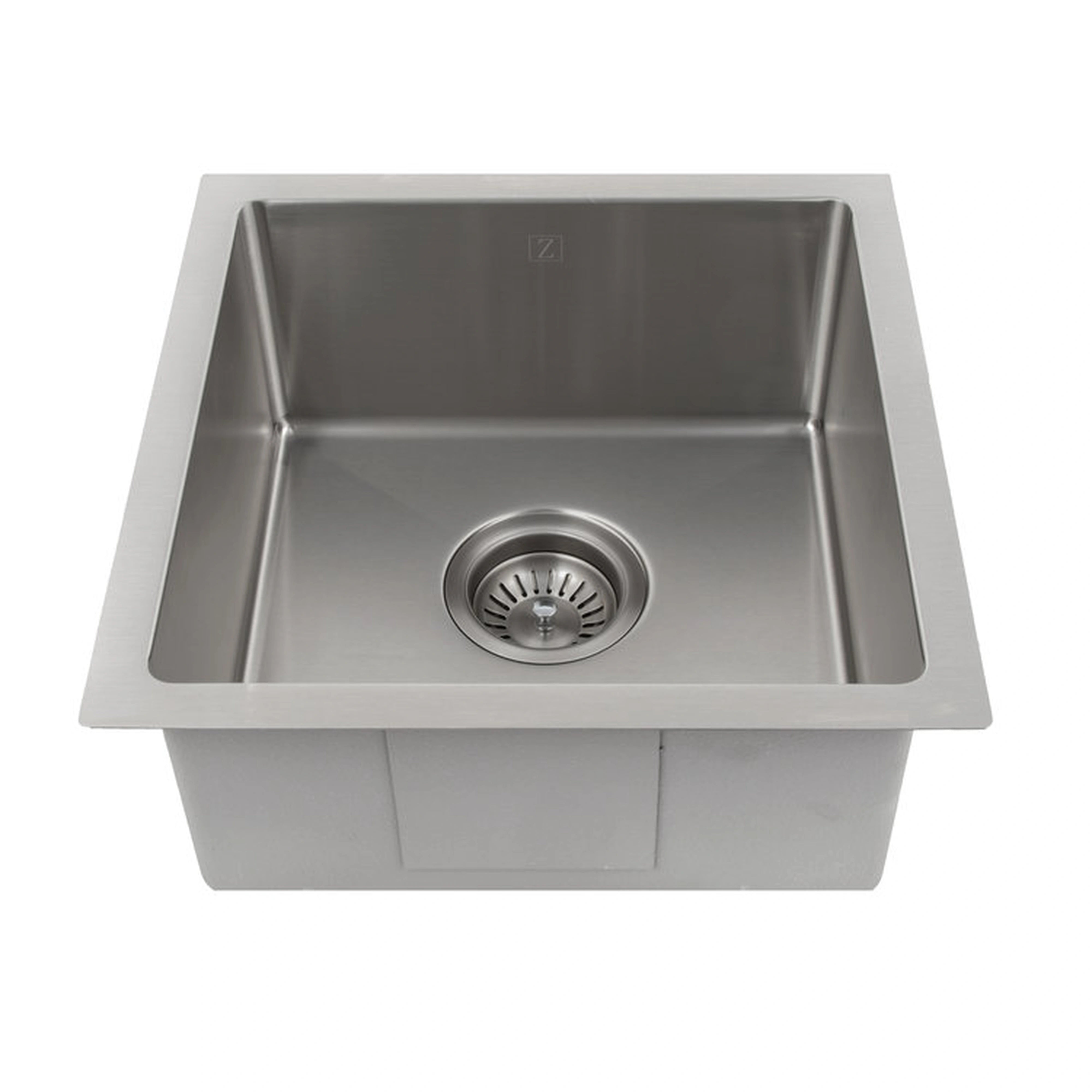 Stainless steel single-bowl undermount sink with center drain strainer and Z logo.