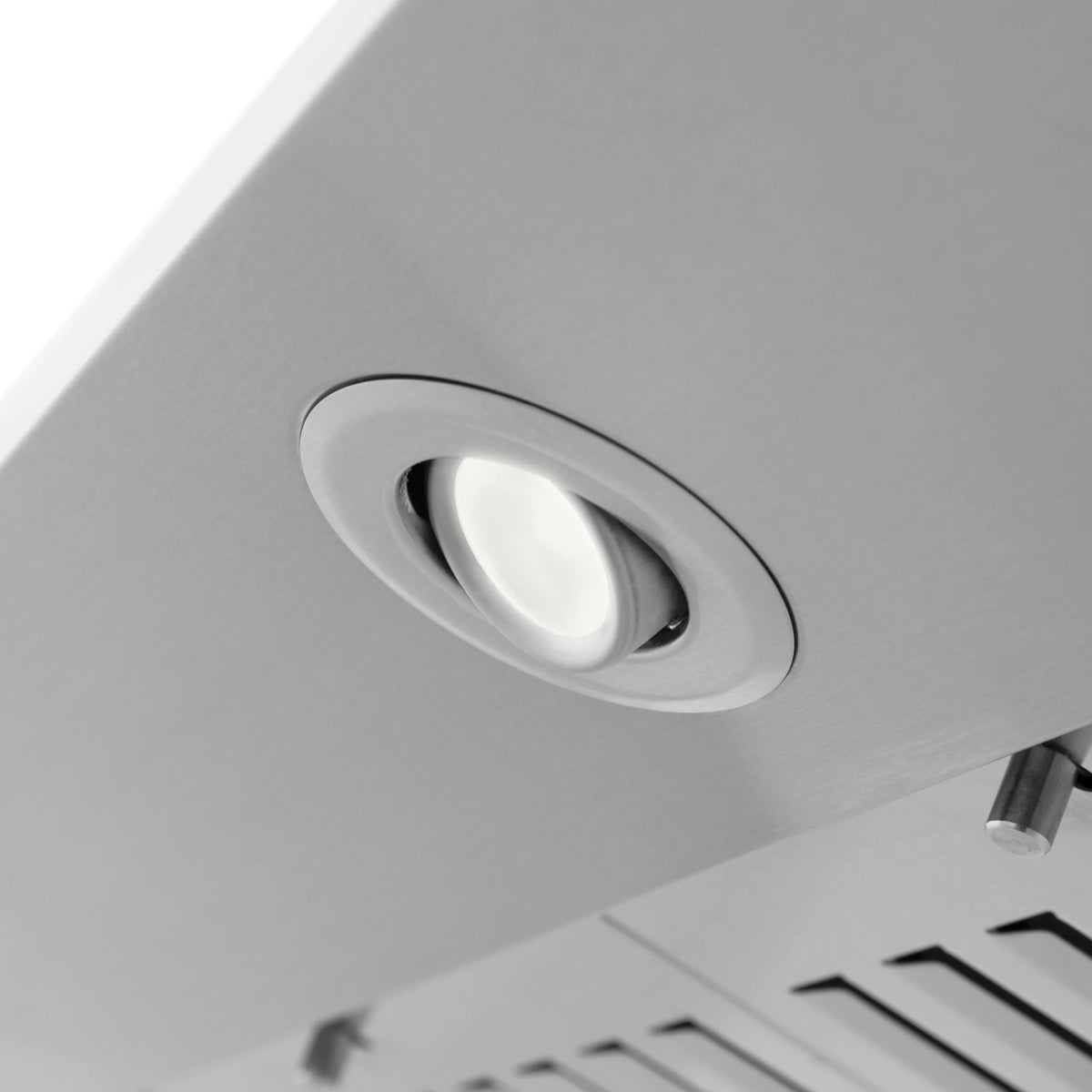Stainless steel hood with recessed round light fixture in the vent canopy.
