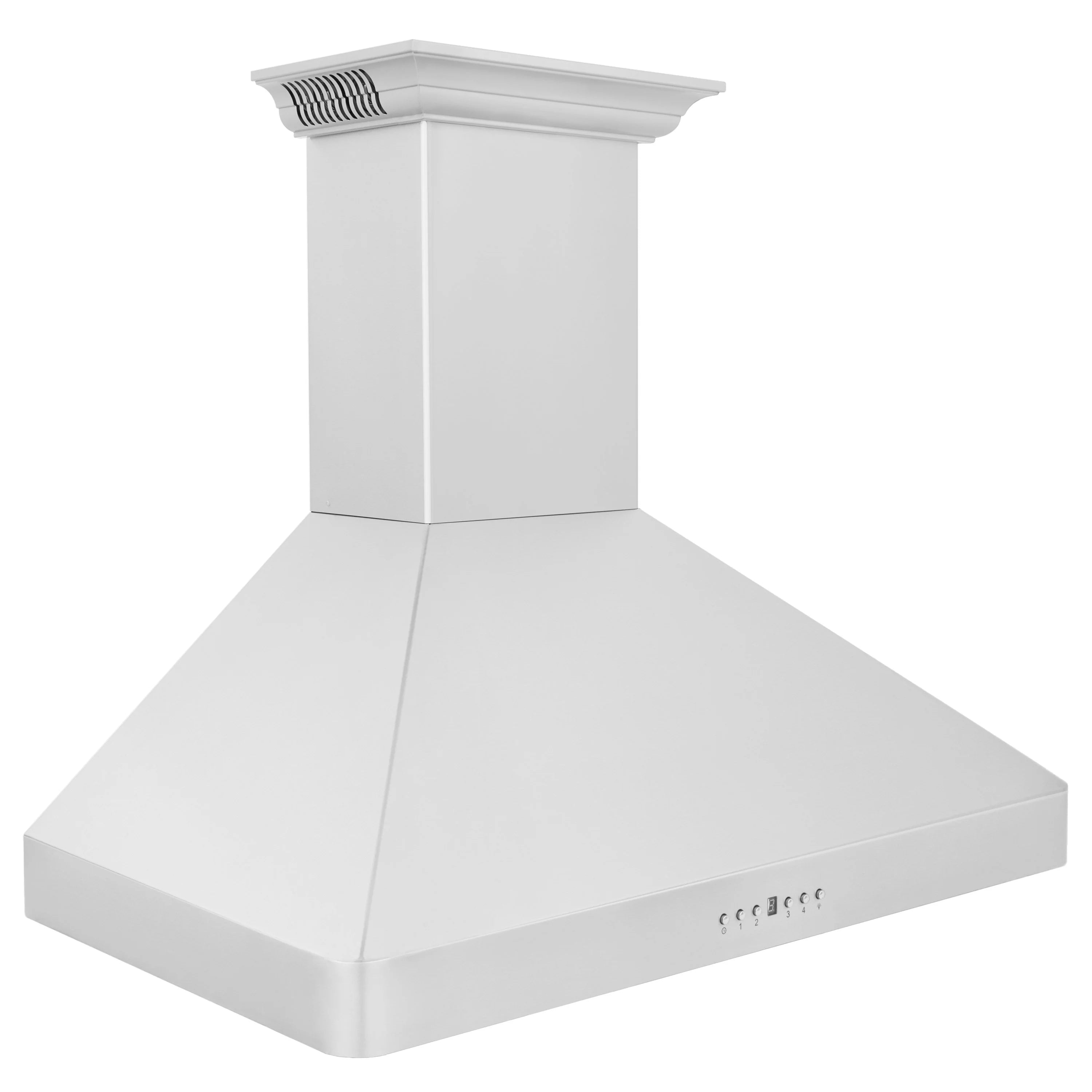 Wall-mount range hood in stainless steel with curved chimney and top vent grilles.