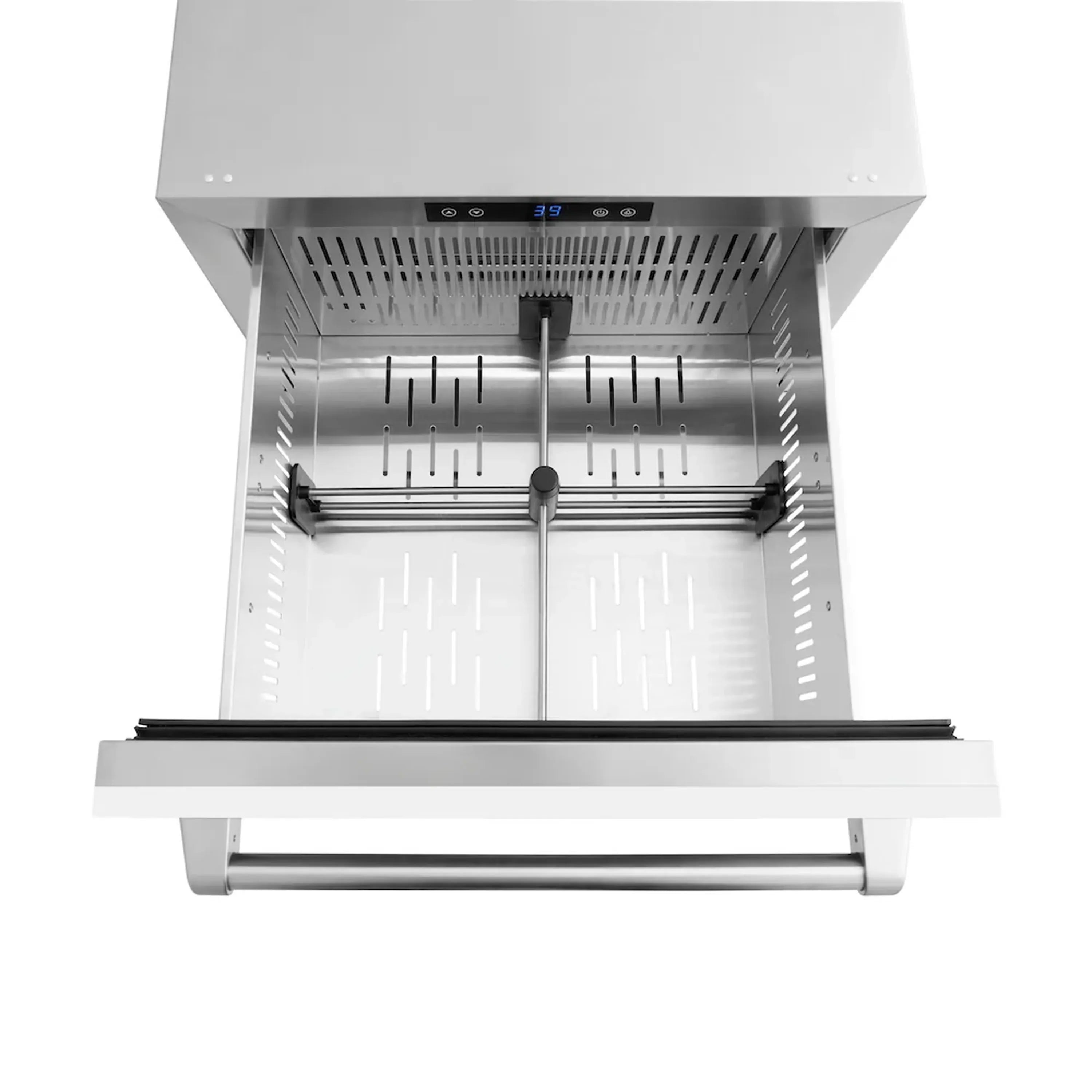 Open drawer refrigerator with interior mounting rails and adjustable storage dividers