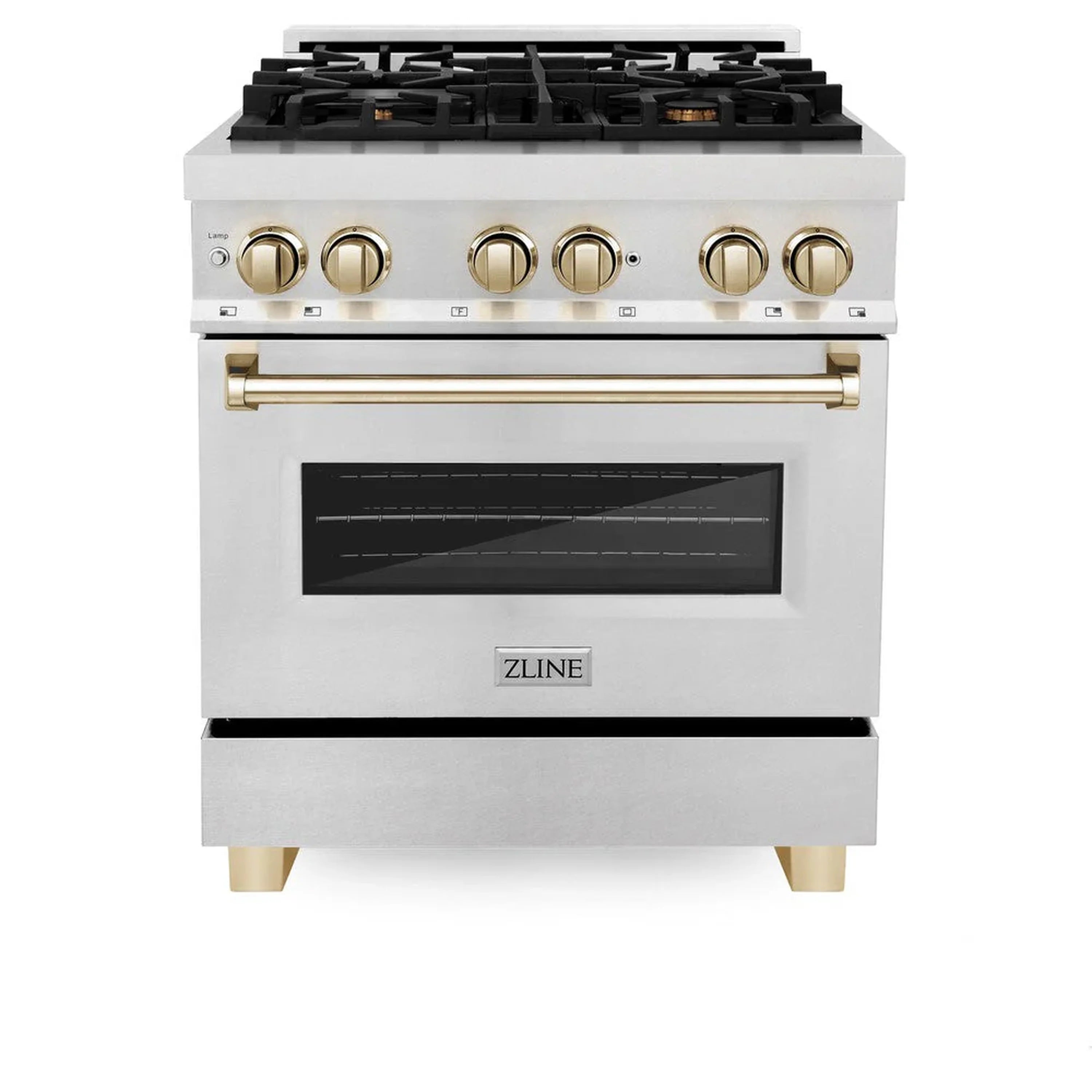 Stainless dual fuel range front with black gas grates, gold control knobs, and oven window