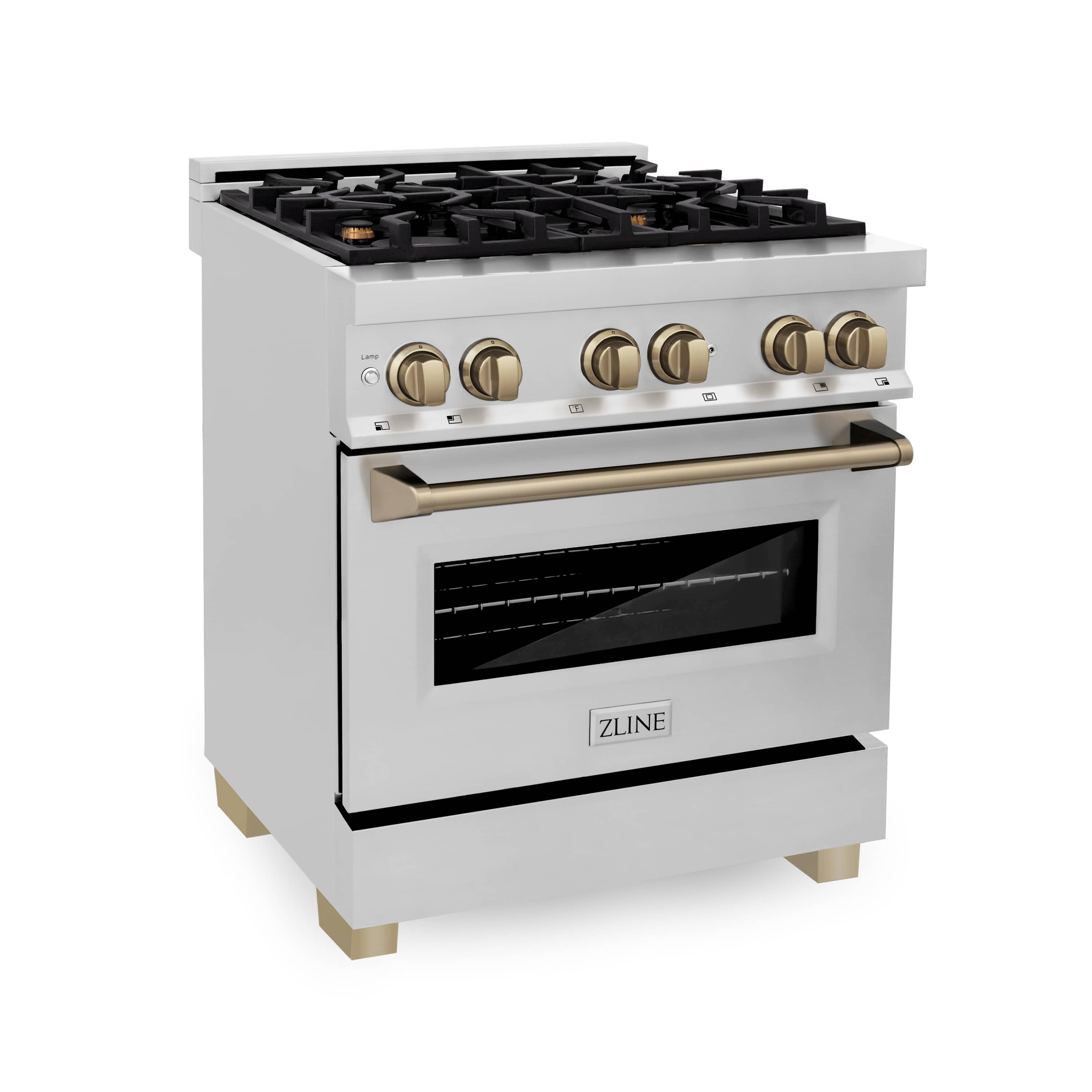 30-inch dual fuel range with gold knobs, oven window, and burner grates