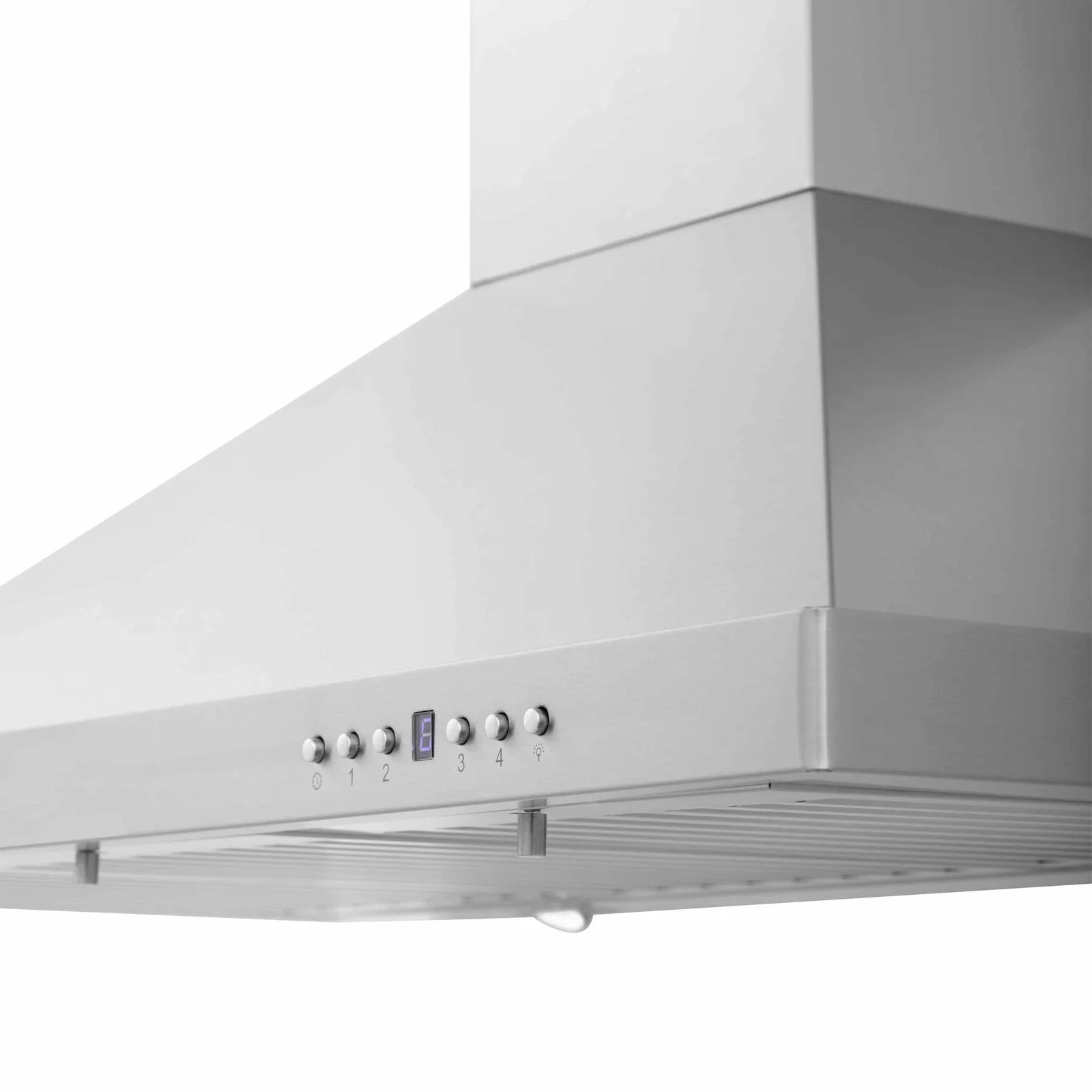 Stainless steel wall-mounted range hood with control knobs and vent grille