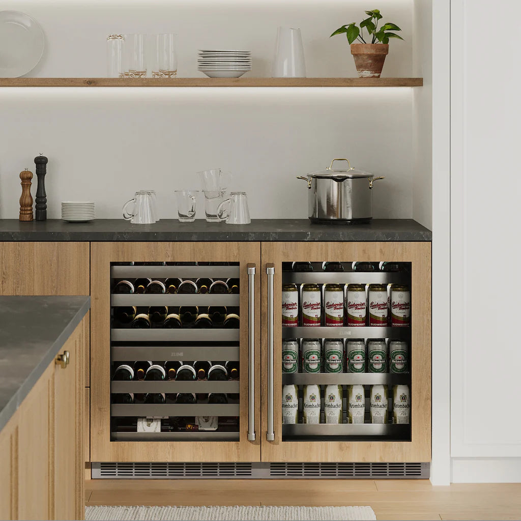 Panel-ready built-in beverage refrigerator installed in cabinetry with glass-door access