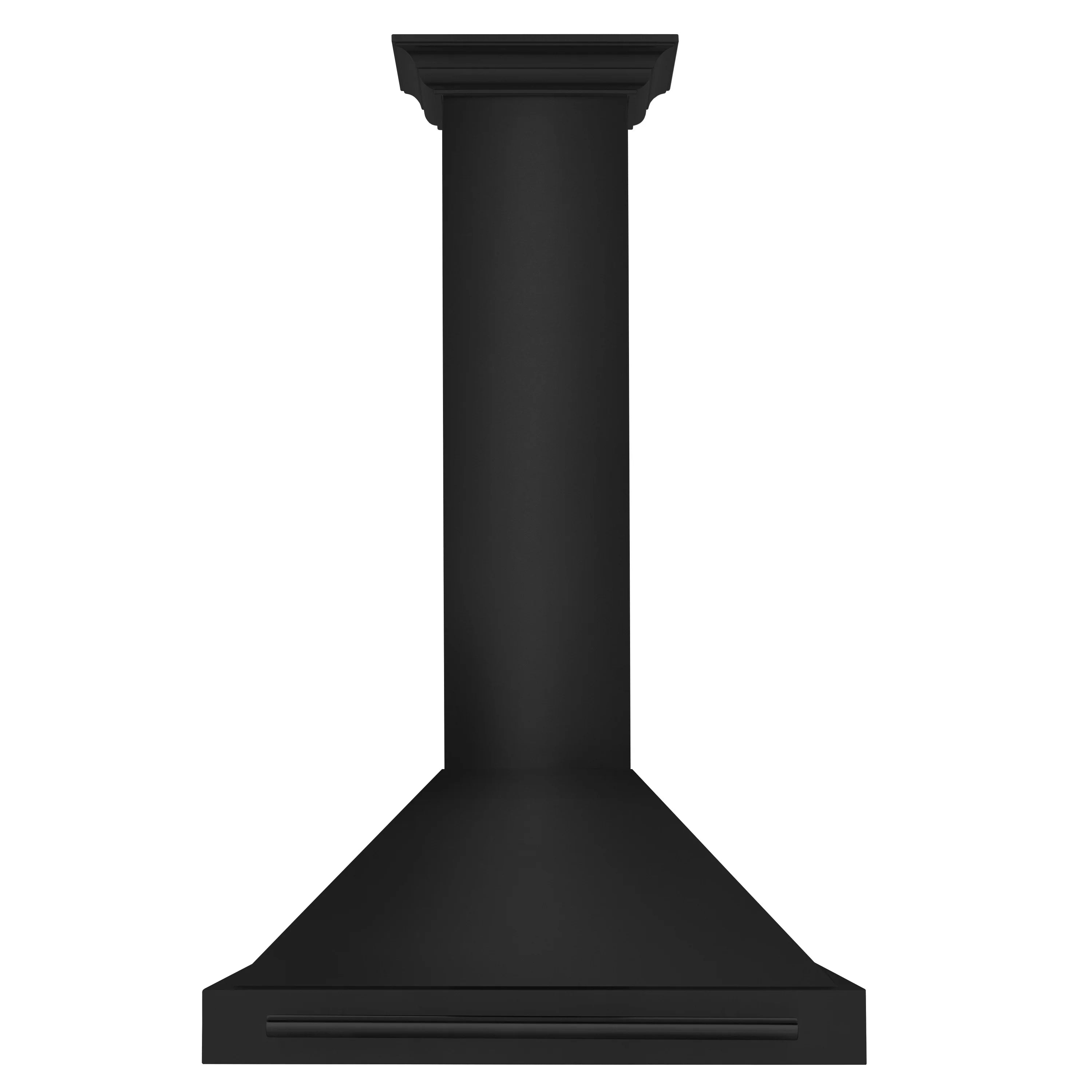 Black stainless steel wall-mount range hood with tall chimney flue and flat canopy