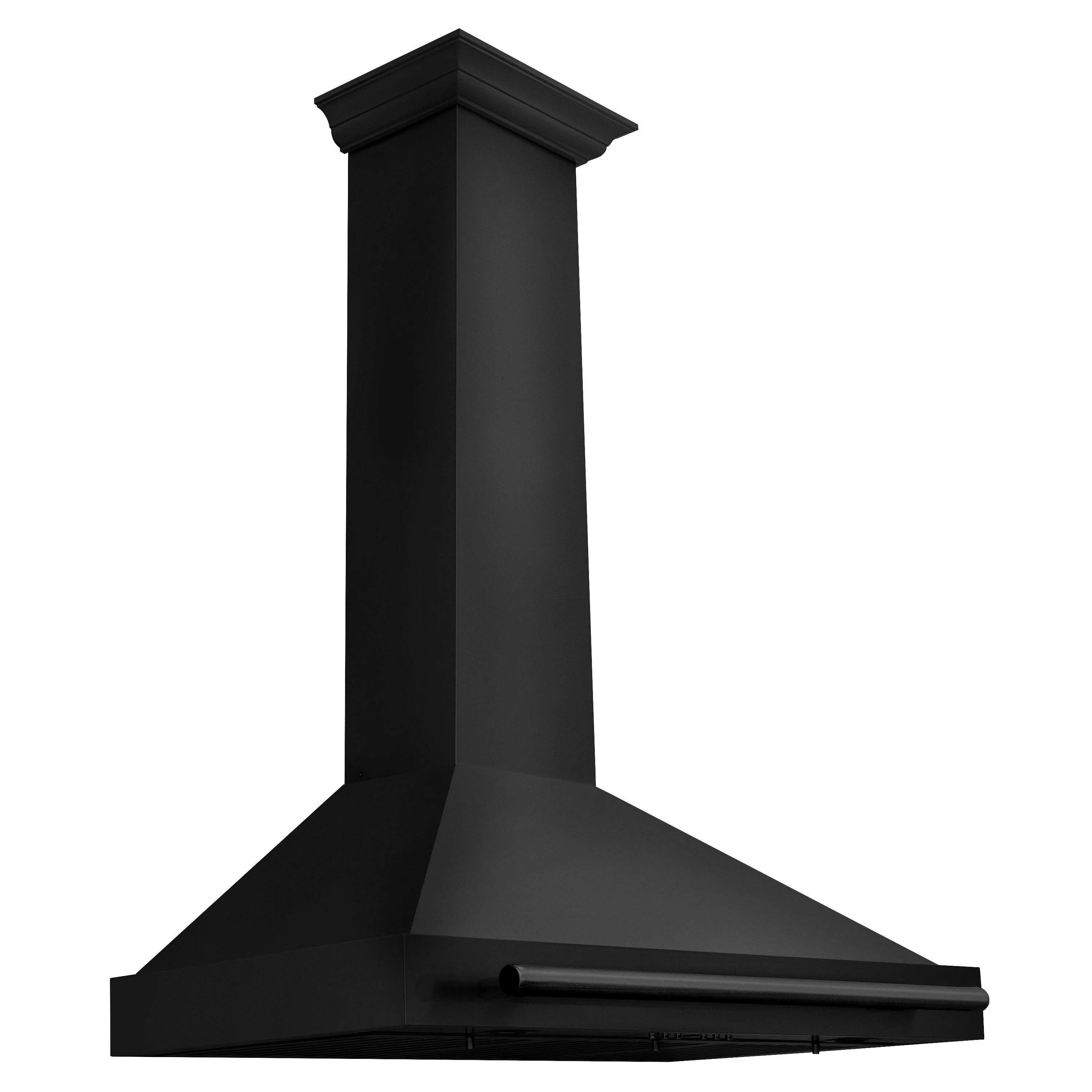 Black stainless steel wall mount range hood with front vent and curved chimney