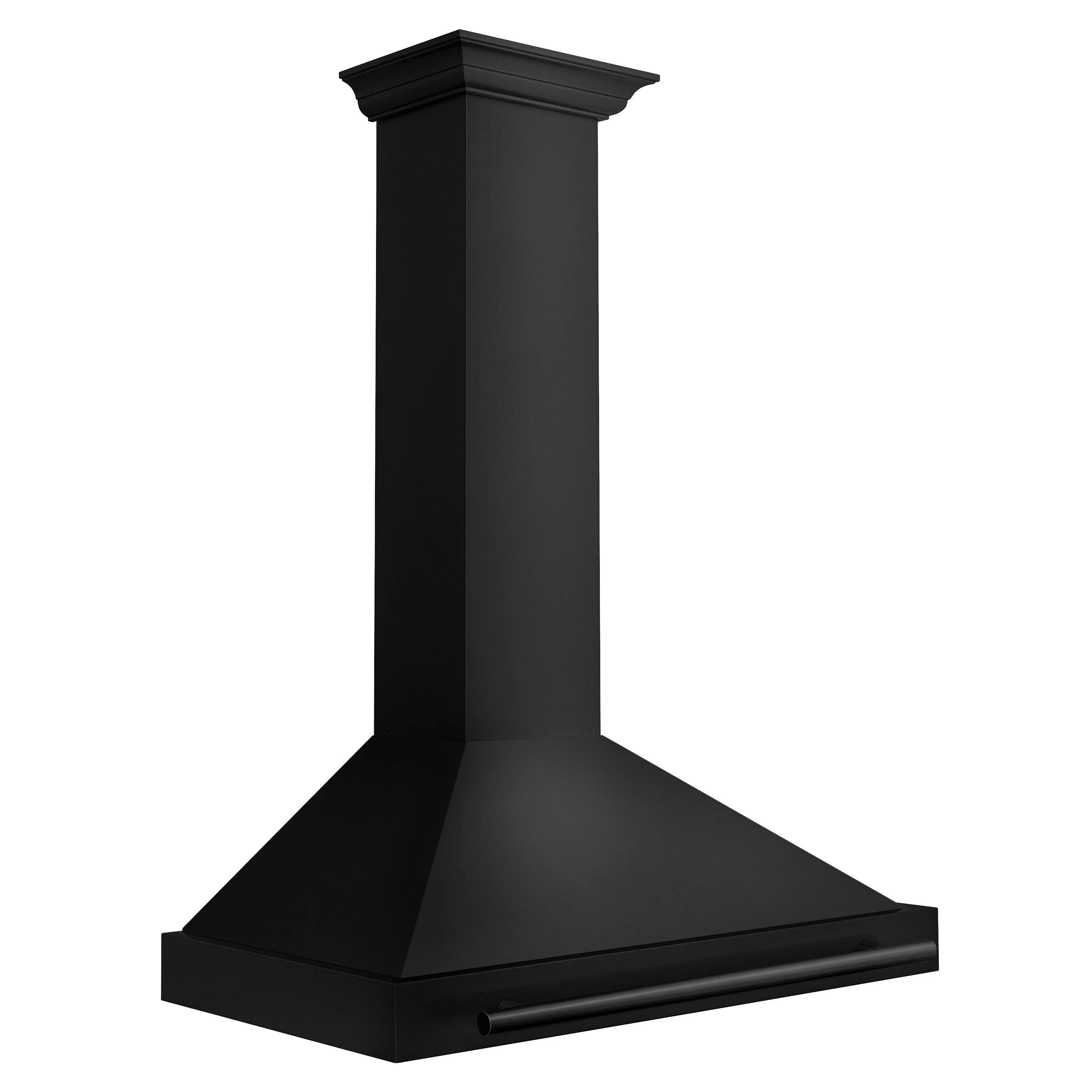 Black stainless steel wall mount range hood, angled side view with chimney column