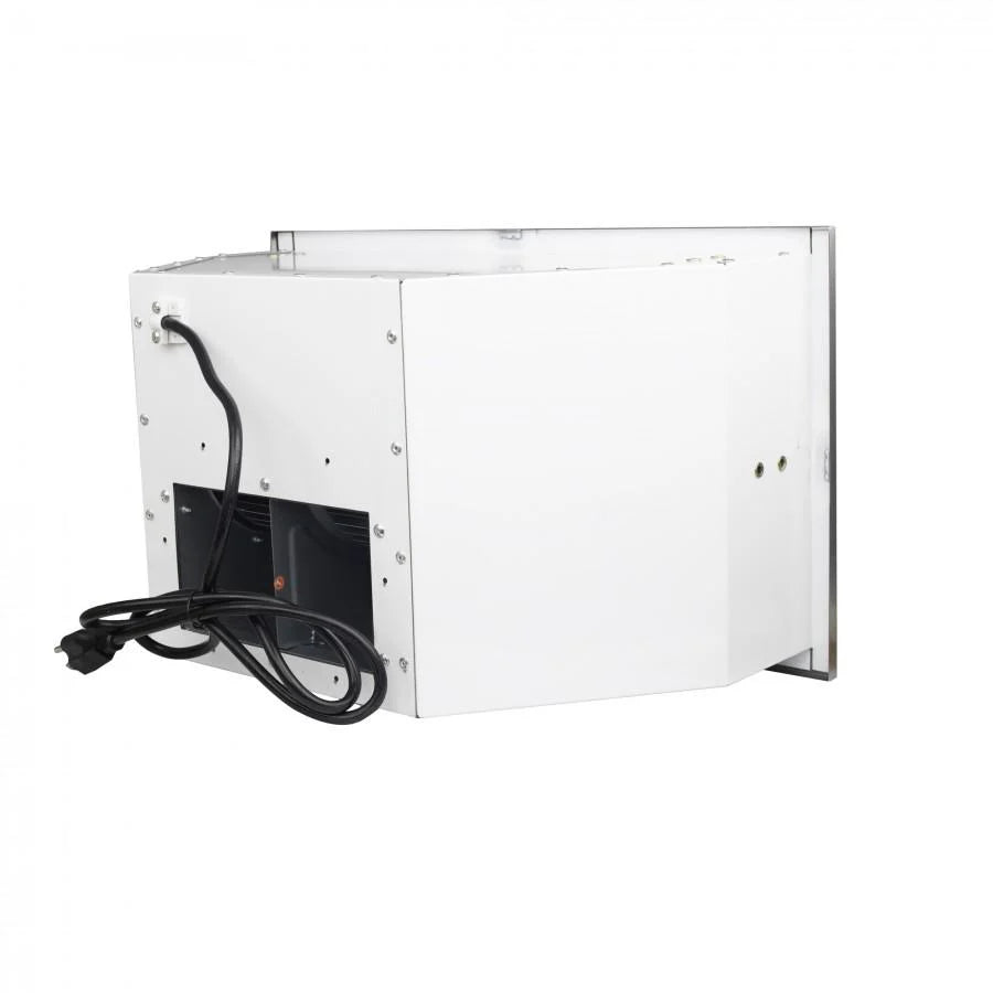 Range hood insert underside with black electrical wiring and metal mounting brackets