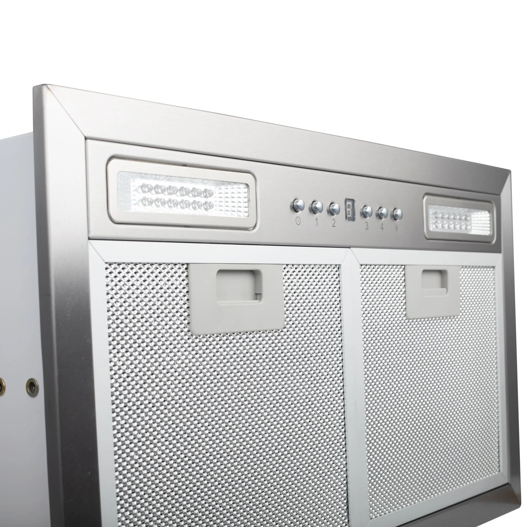 Stainless steel range hood insert front with two mesh filter panels and two LED lights