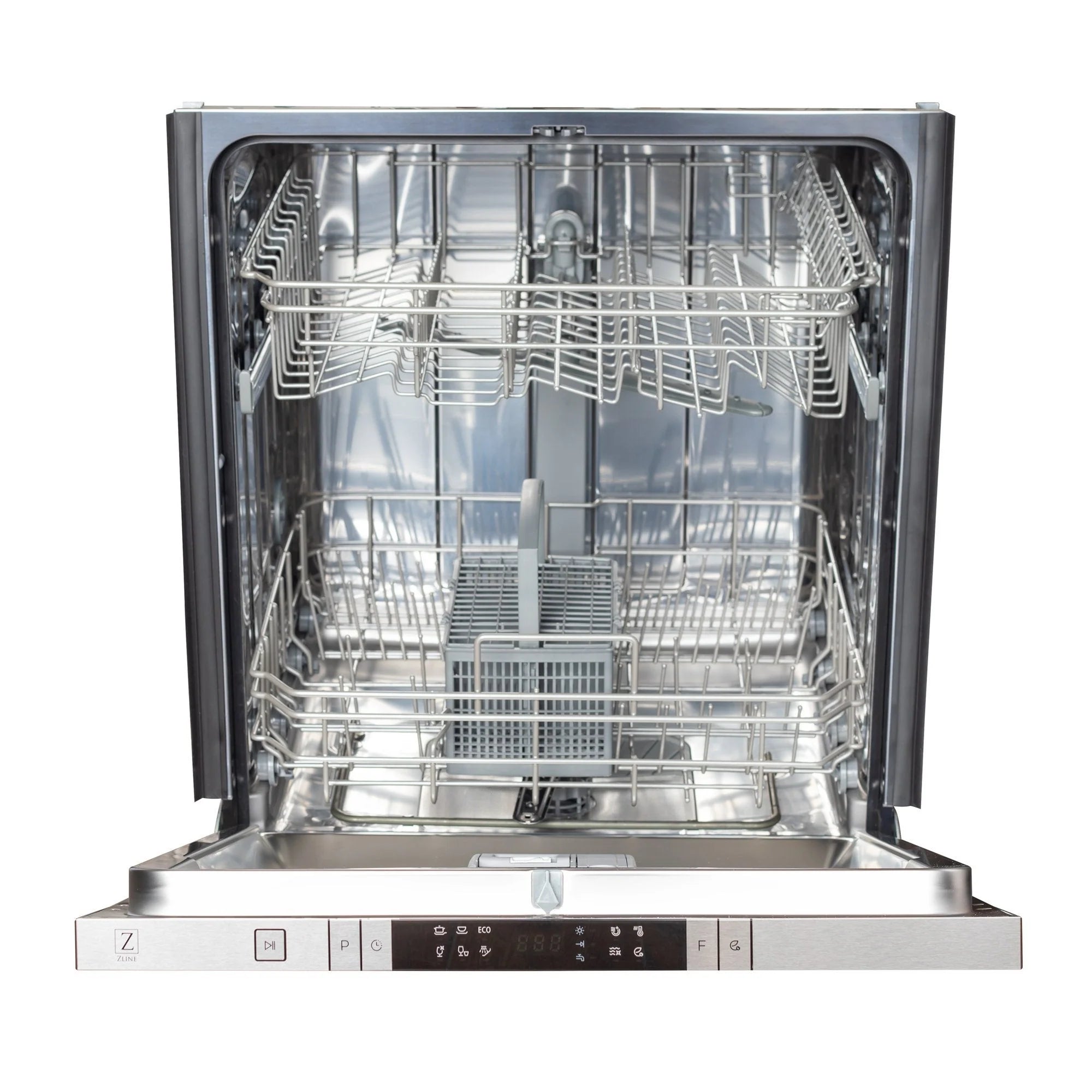 Built-in dishwasher interior with stainless tub, silver racks, and spray arms