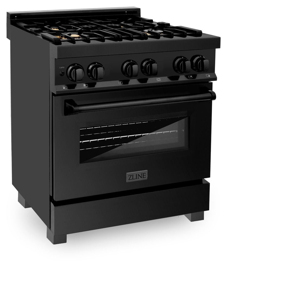 Black dual-fuel range with open front view of oven door and cooktop burners