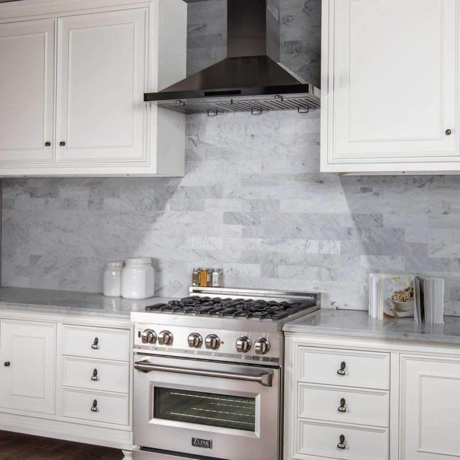Black stainless steel wall range with stove burners and oven door under a hood