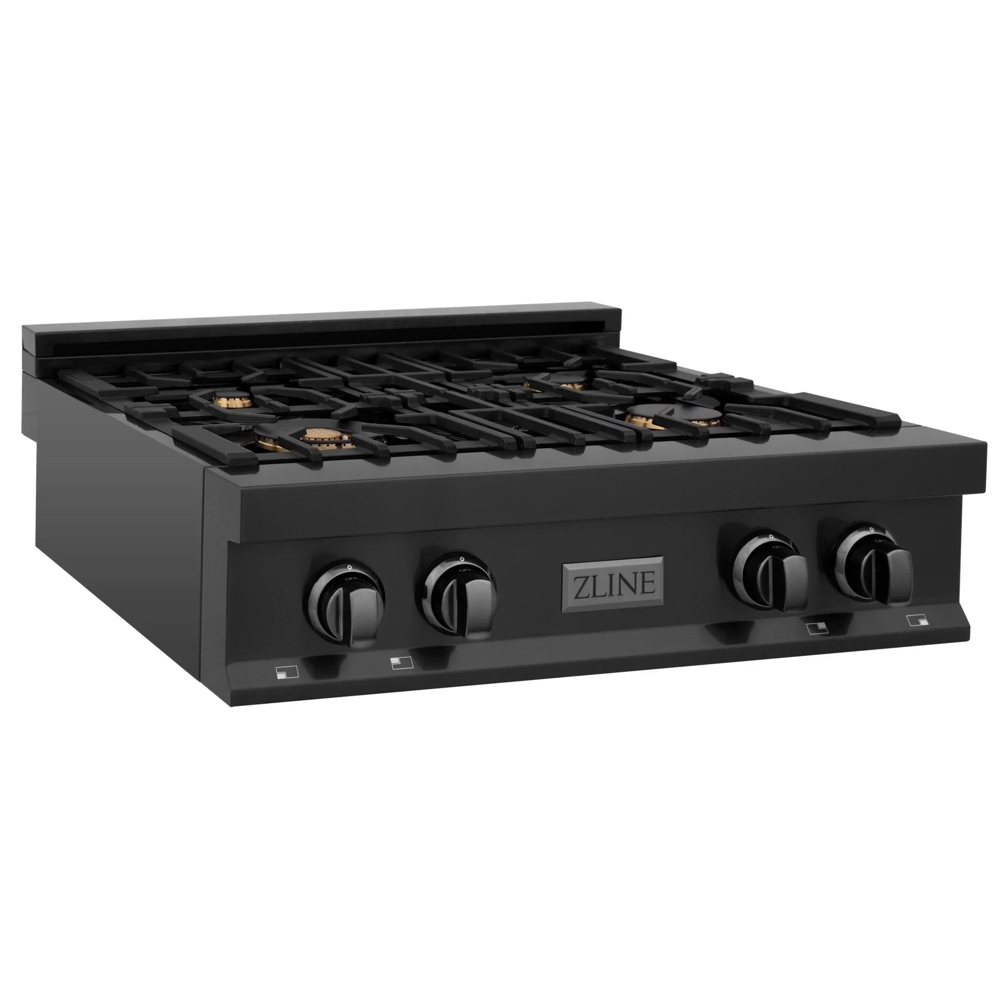 Black gas rangetop side view with cast-iron grates and four front control knobs