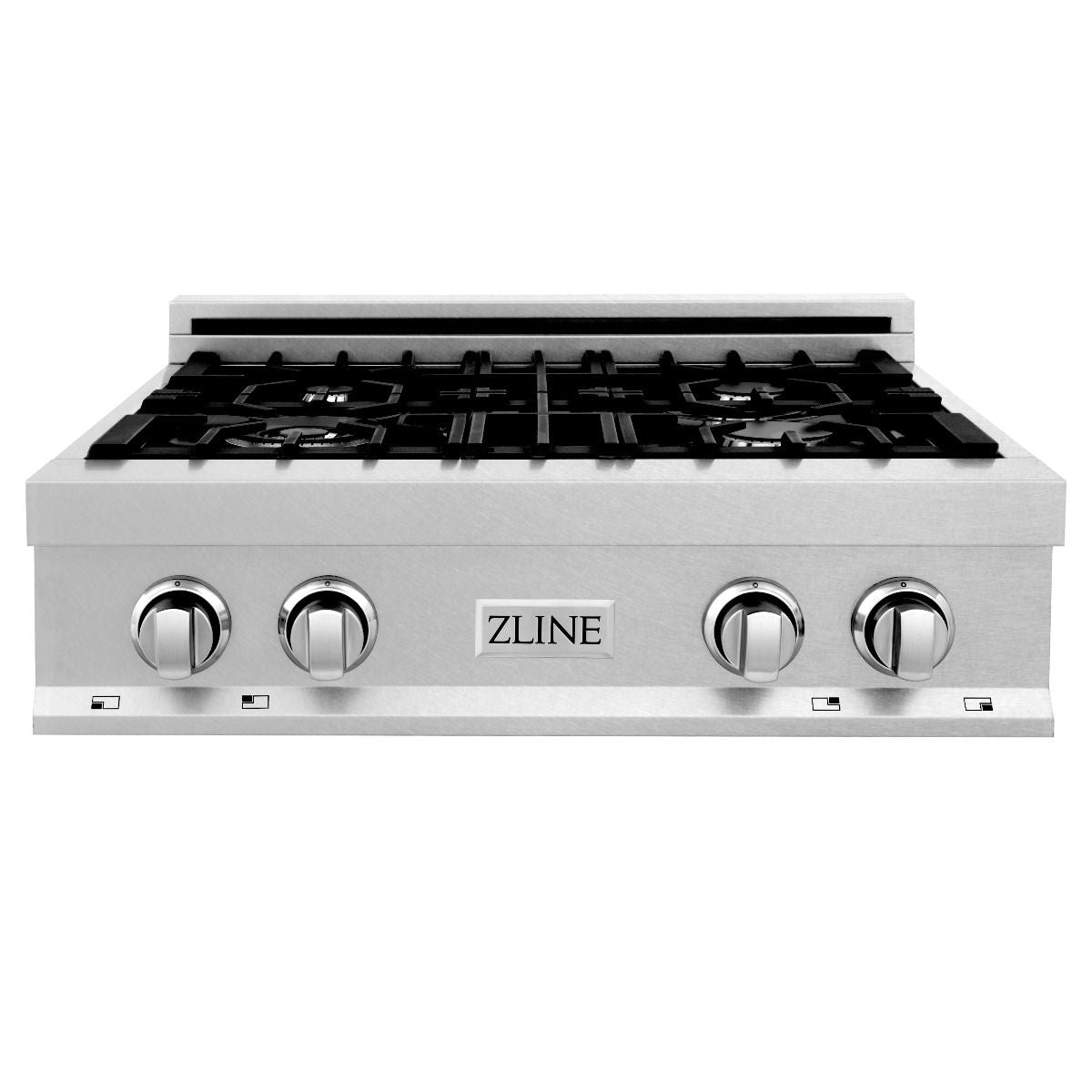 Stainless steel gas rangetop with black grates and four control knobs