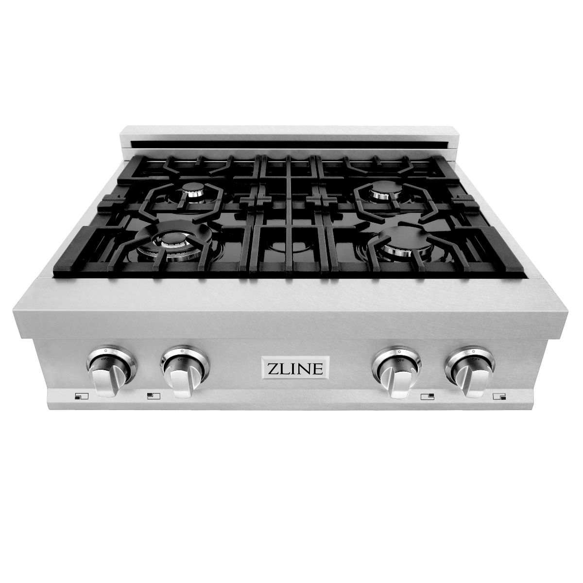 Stainless steel gas rangetop with five-burner black grates and control knobs