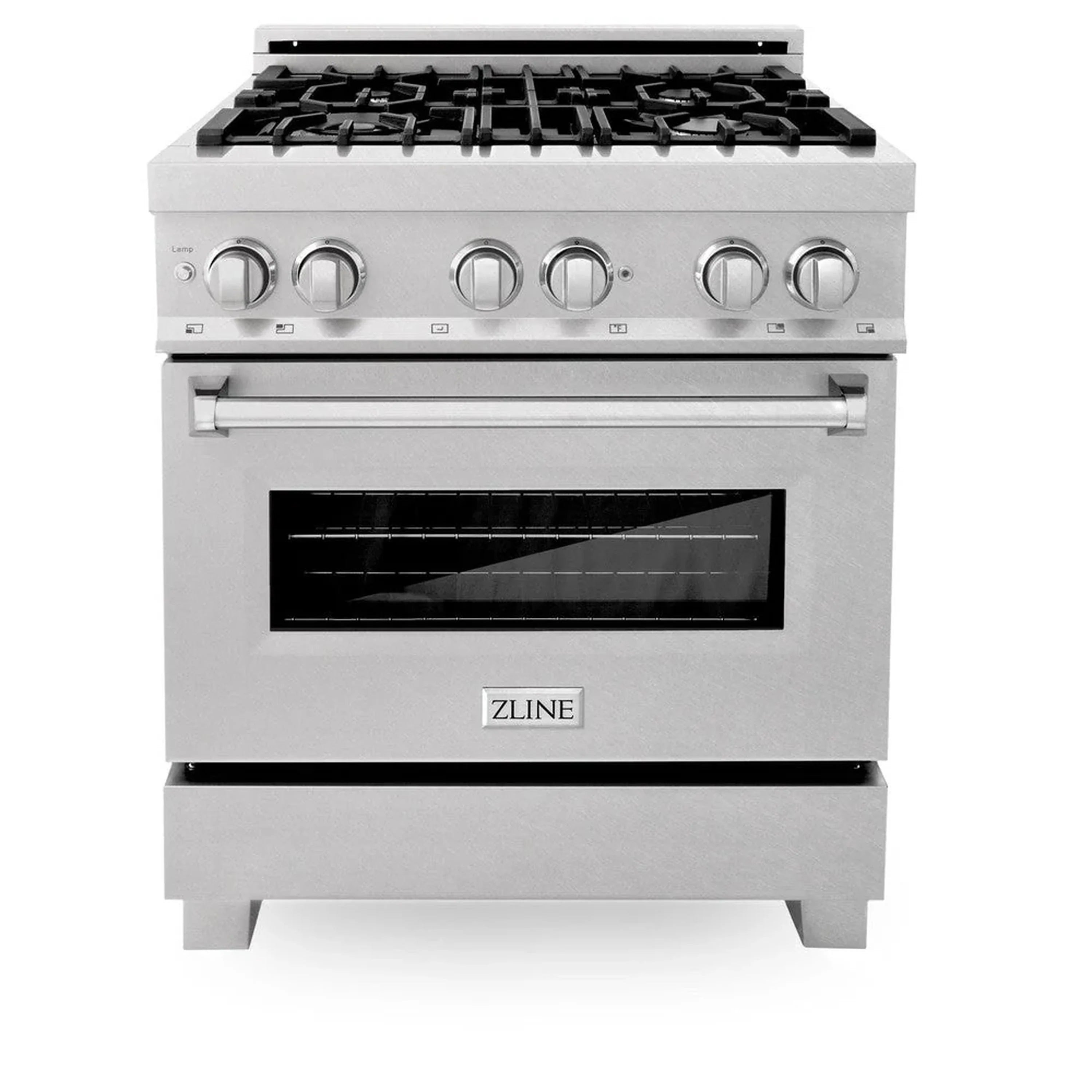 Dual fuel range front in satin stainless steel with black grates and control knobs