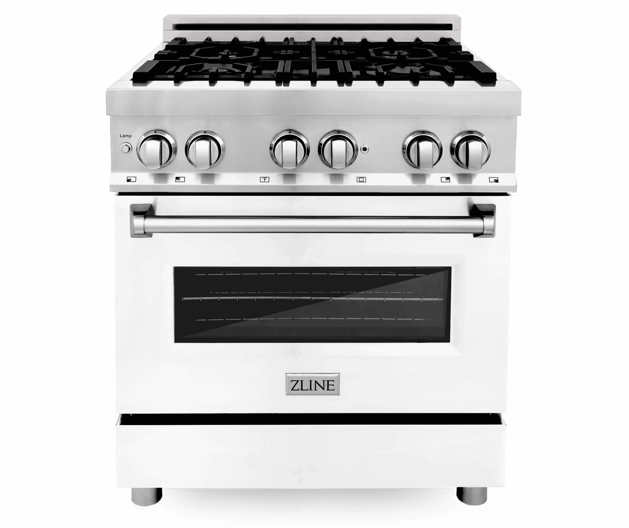 White dual fuel range front with six burner knobs and glass oven door