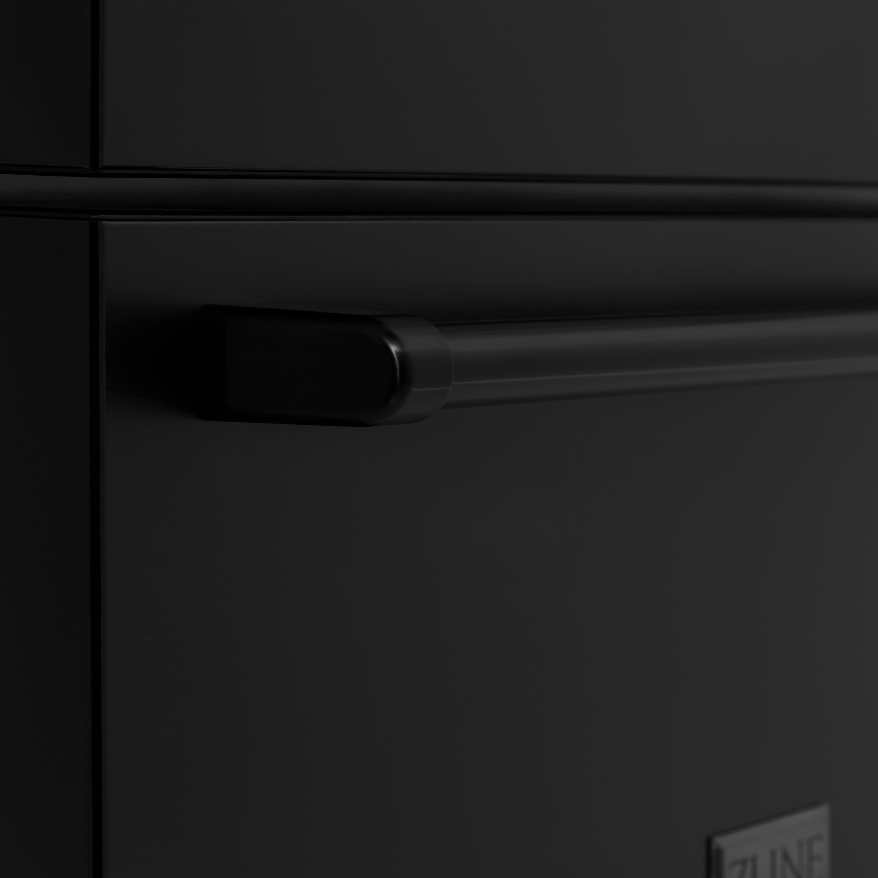 Black appliance handle with curved recess, close-up