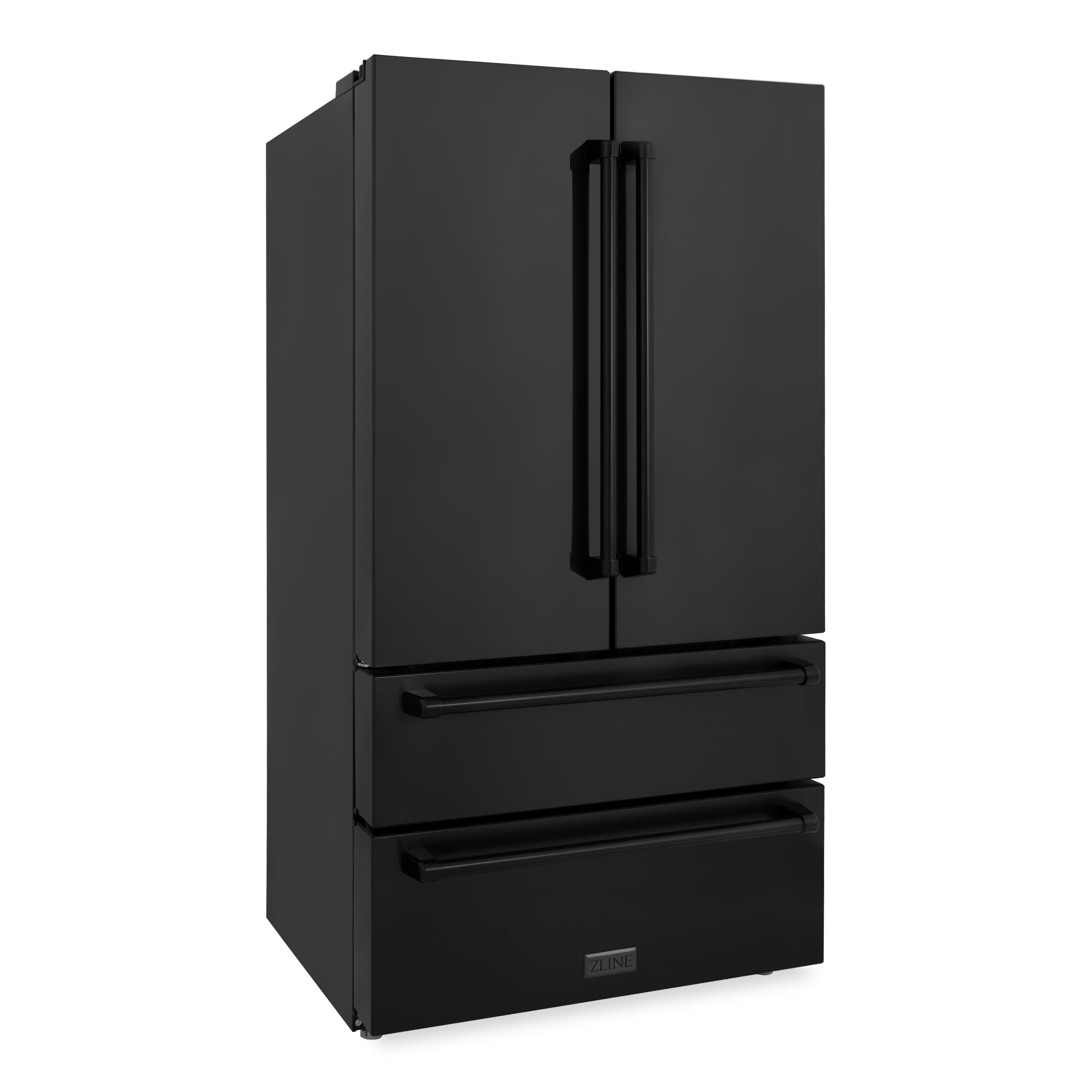 Black stainless steel refrigerator with two doors and bottom freezer drawer