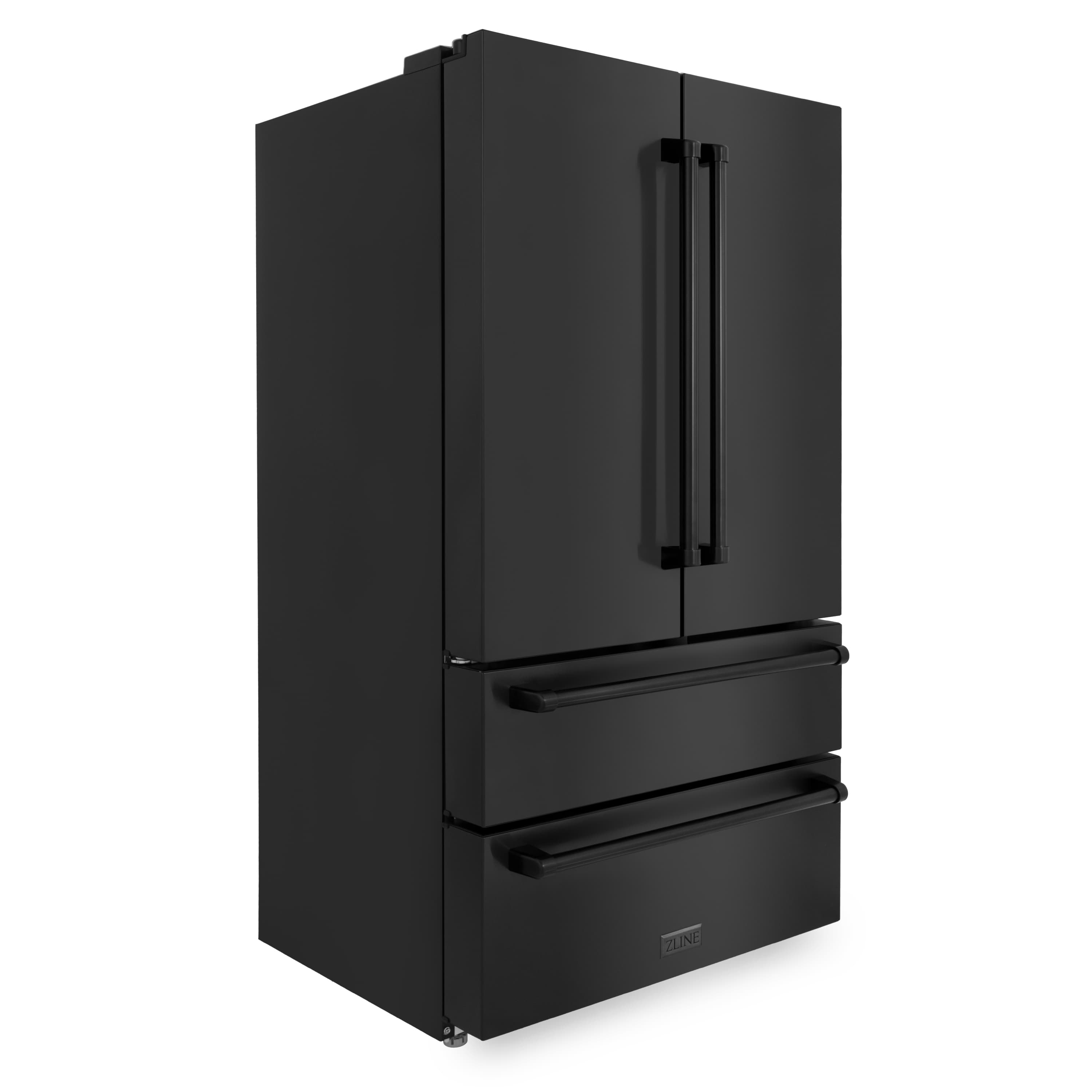Black stainless steel refrigerator with two doors and top handle
