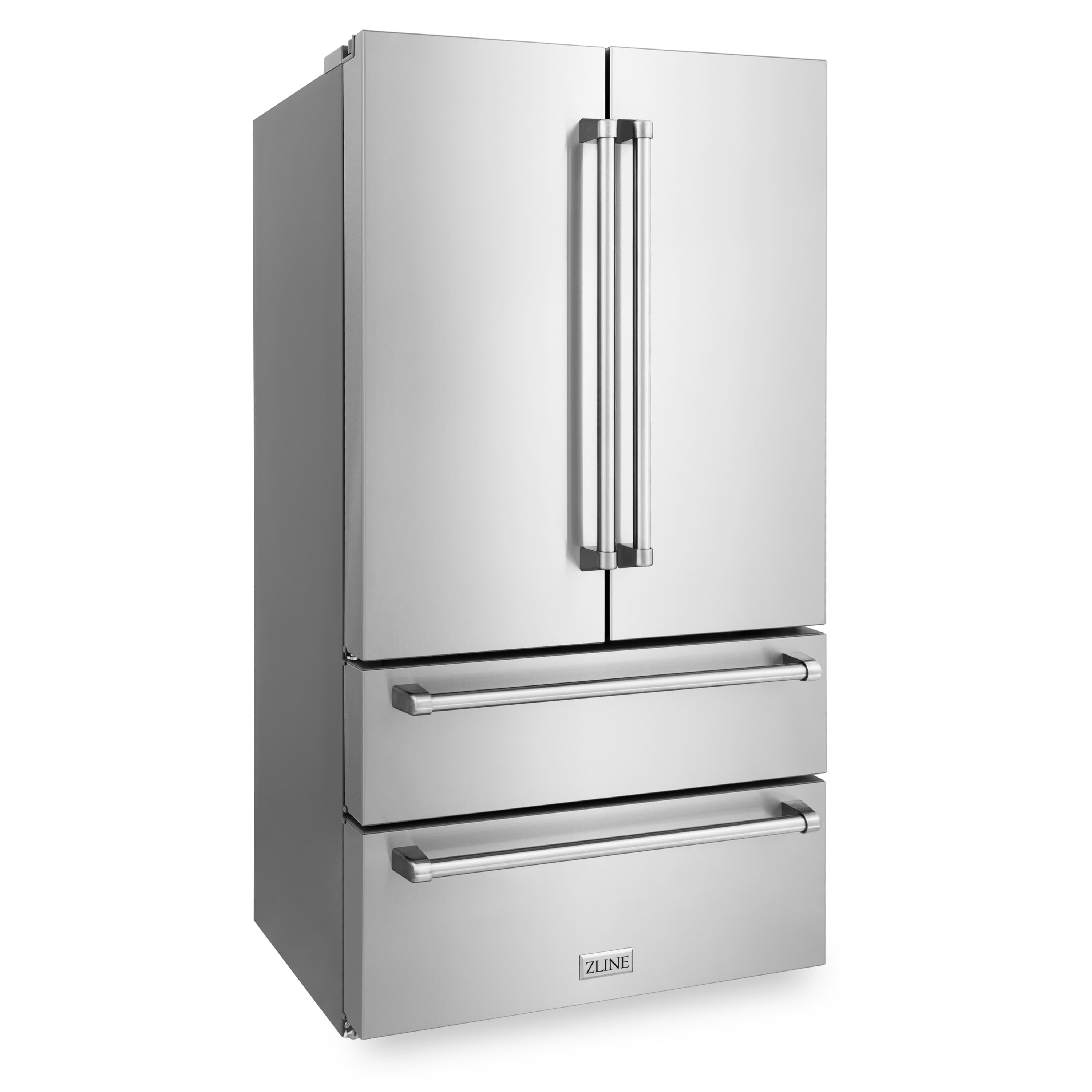 Stainless steel side-by-side refrigerator with vertical handles and dispenser