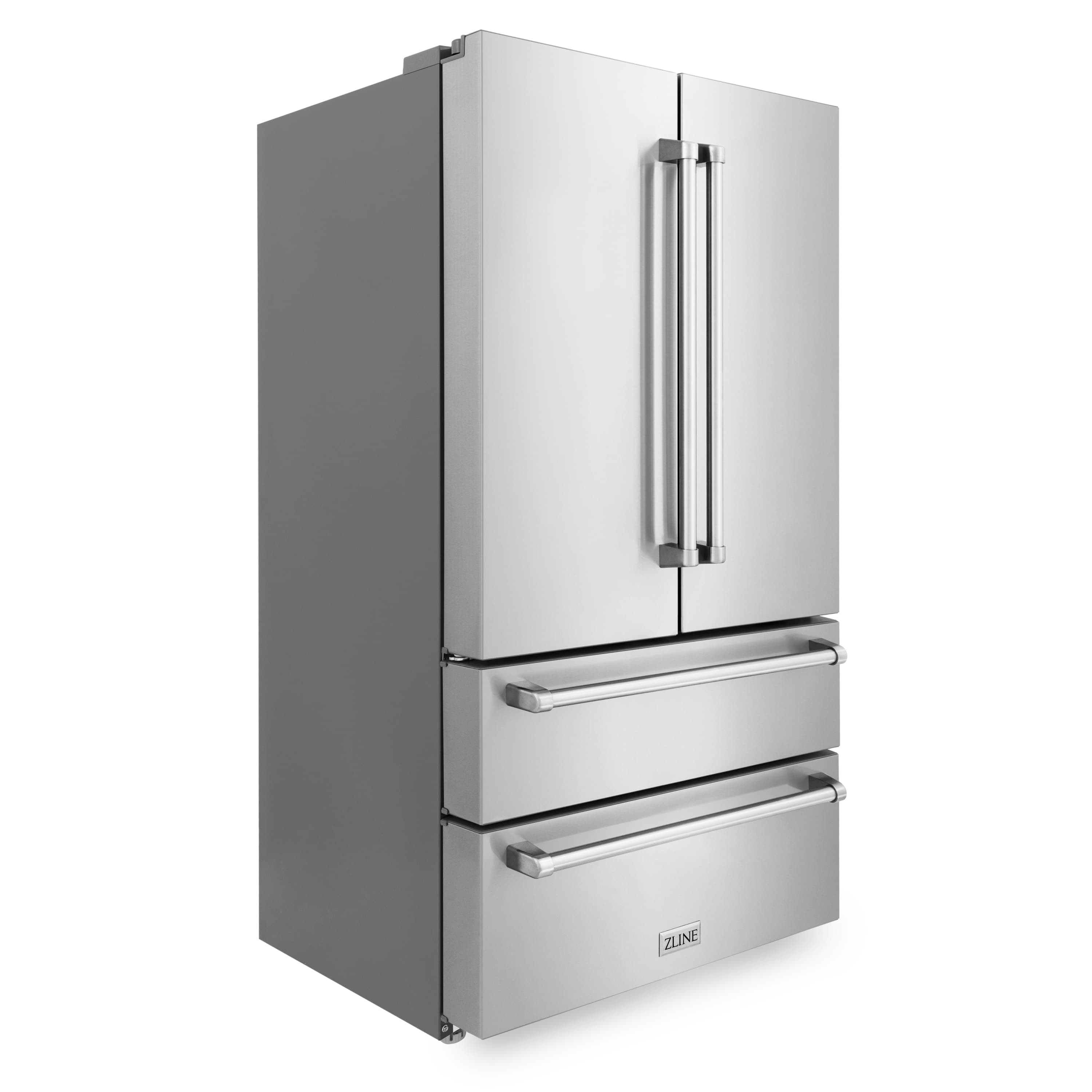 Stainless steel refrigerator with tall top door handle and two drawer freezer