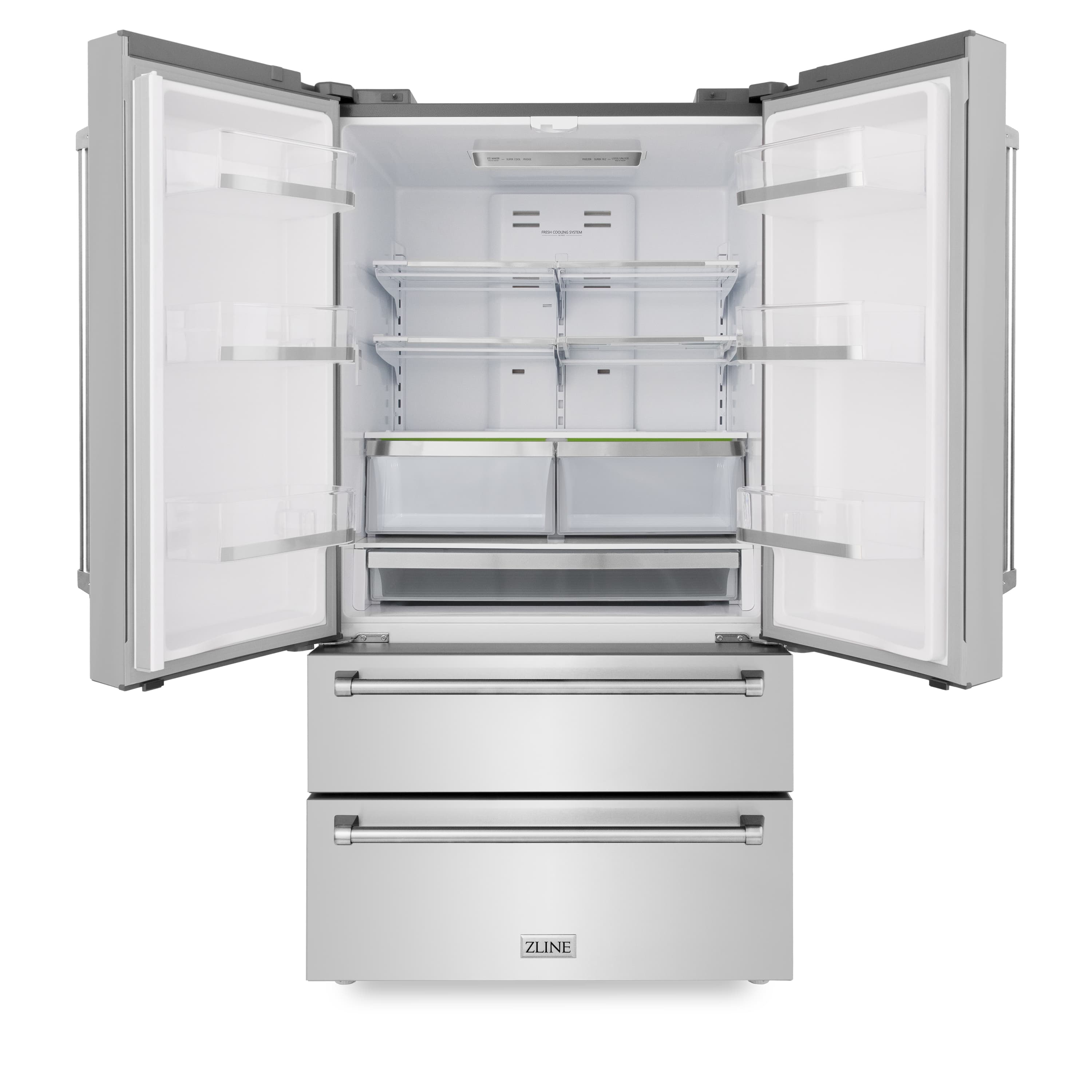 Stainless steel refrigerator interior with open doors, shelves, and two bottom drawers