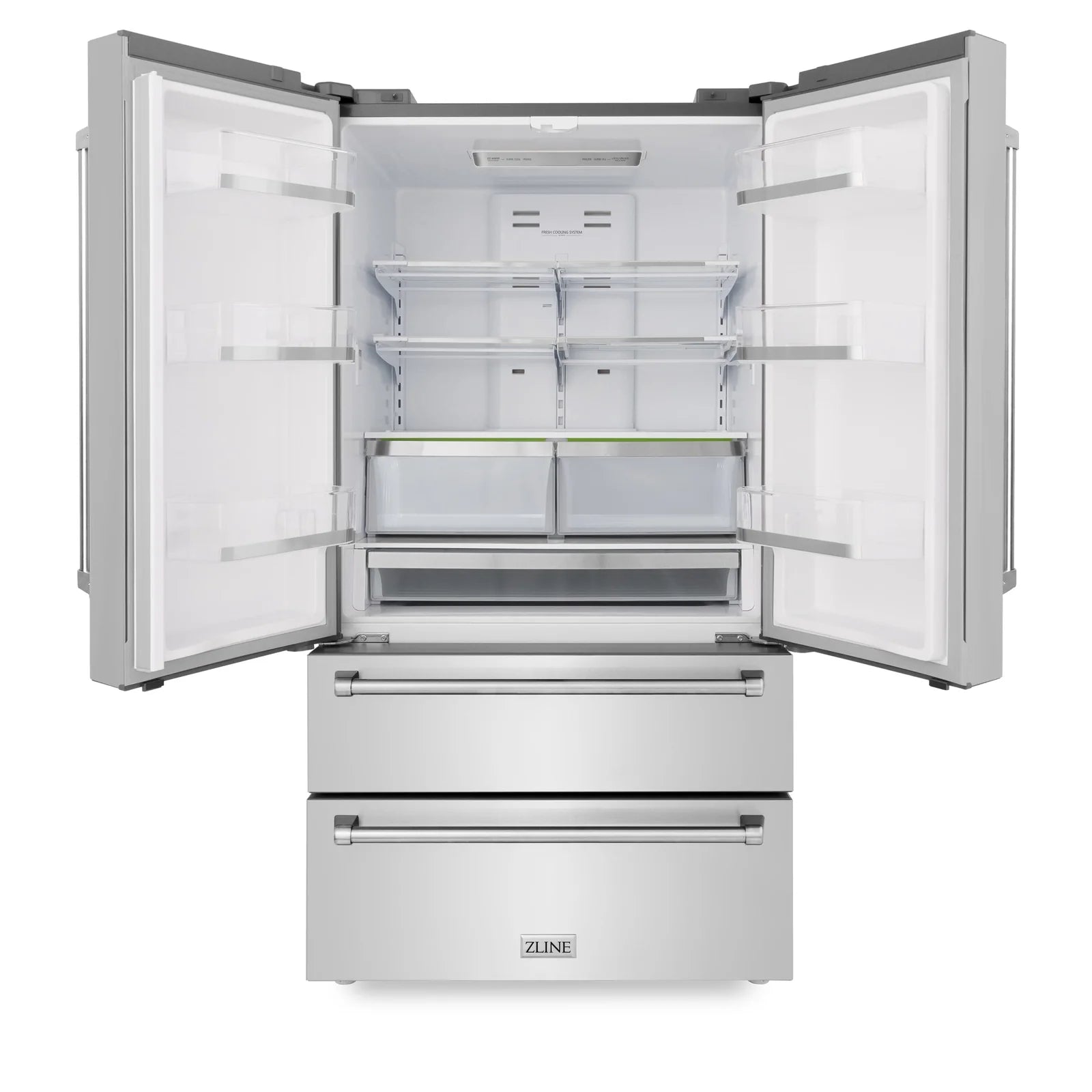 Stainless steel refrigerator with doors open and stacked drawers at bottom