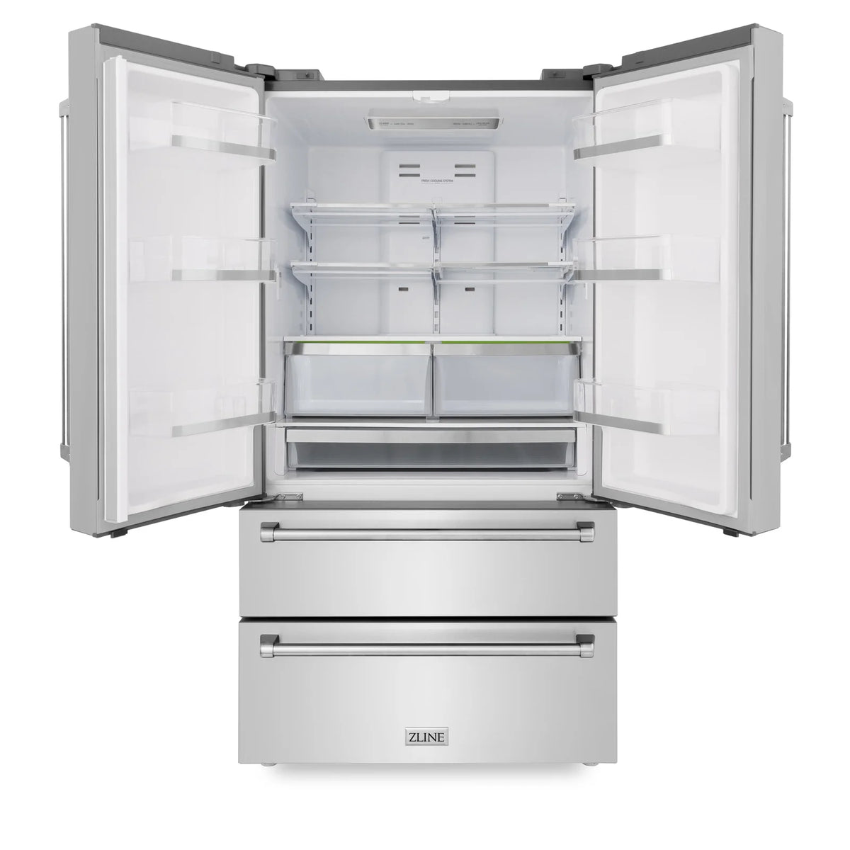 Stainless steel refrigerator interior view with shelves, bins, and drawers