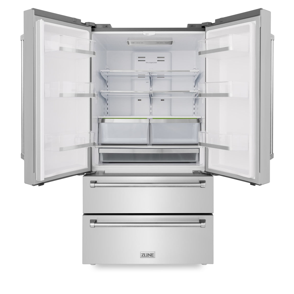 Open stainless steel refrigerator with interior shelves and bottom pull-out freezer drawer
