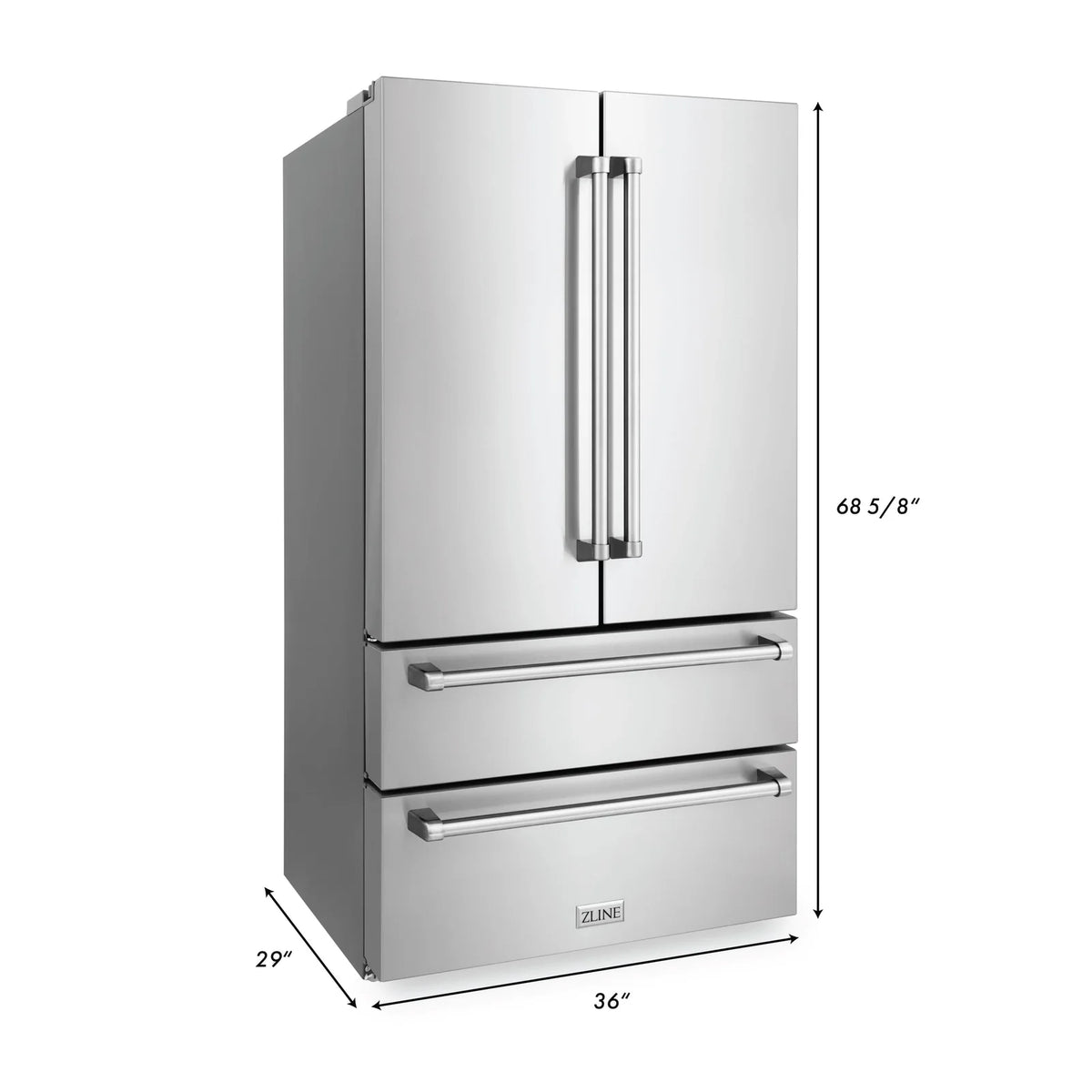 Stainless steel refrigerator with dimension labels for height and width