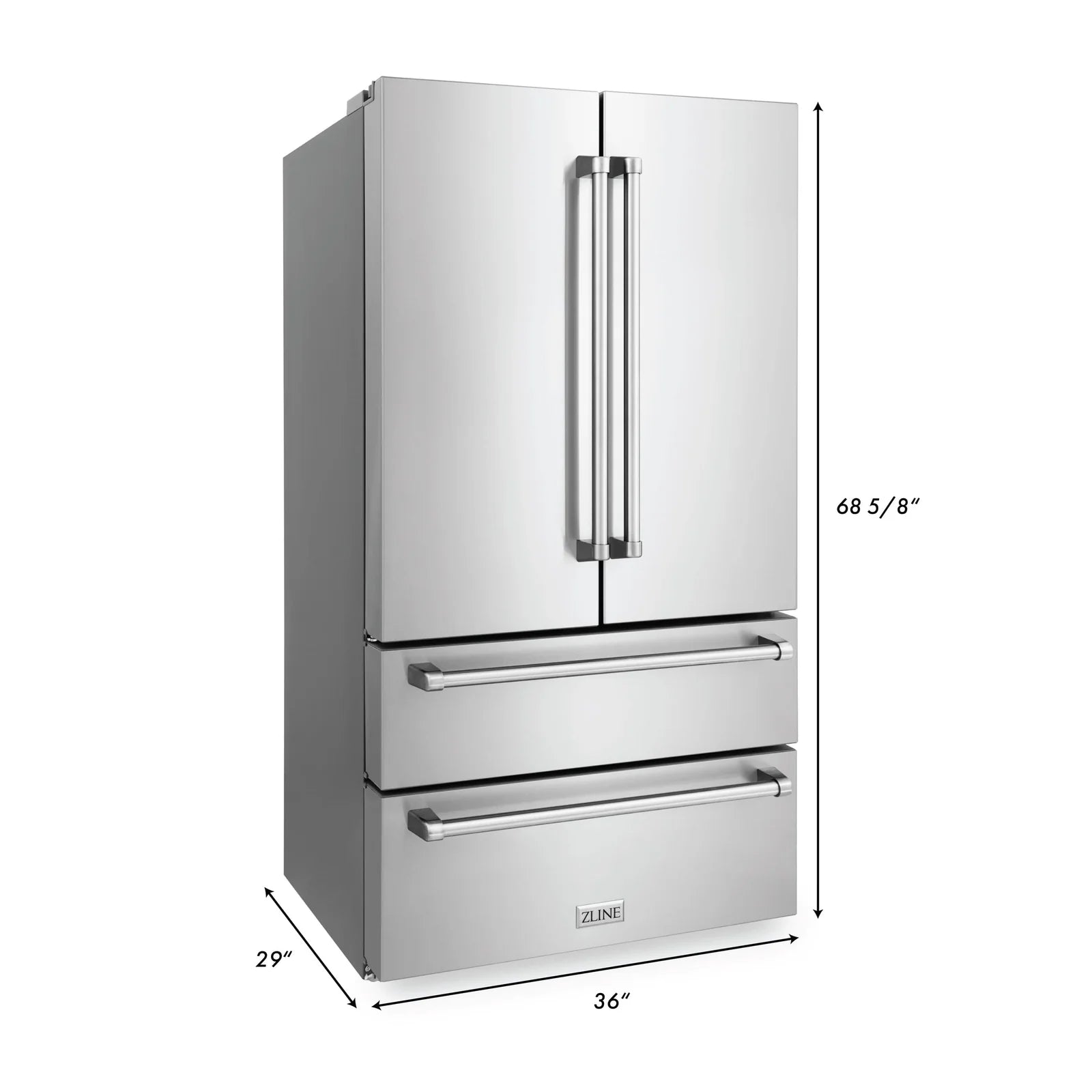 Stainless steel tall refrigerator with vertical handle and pull-out freezer drawers