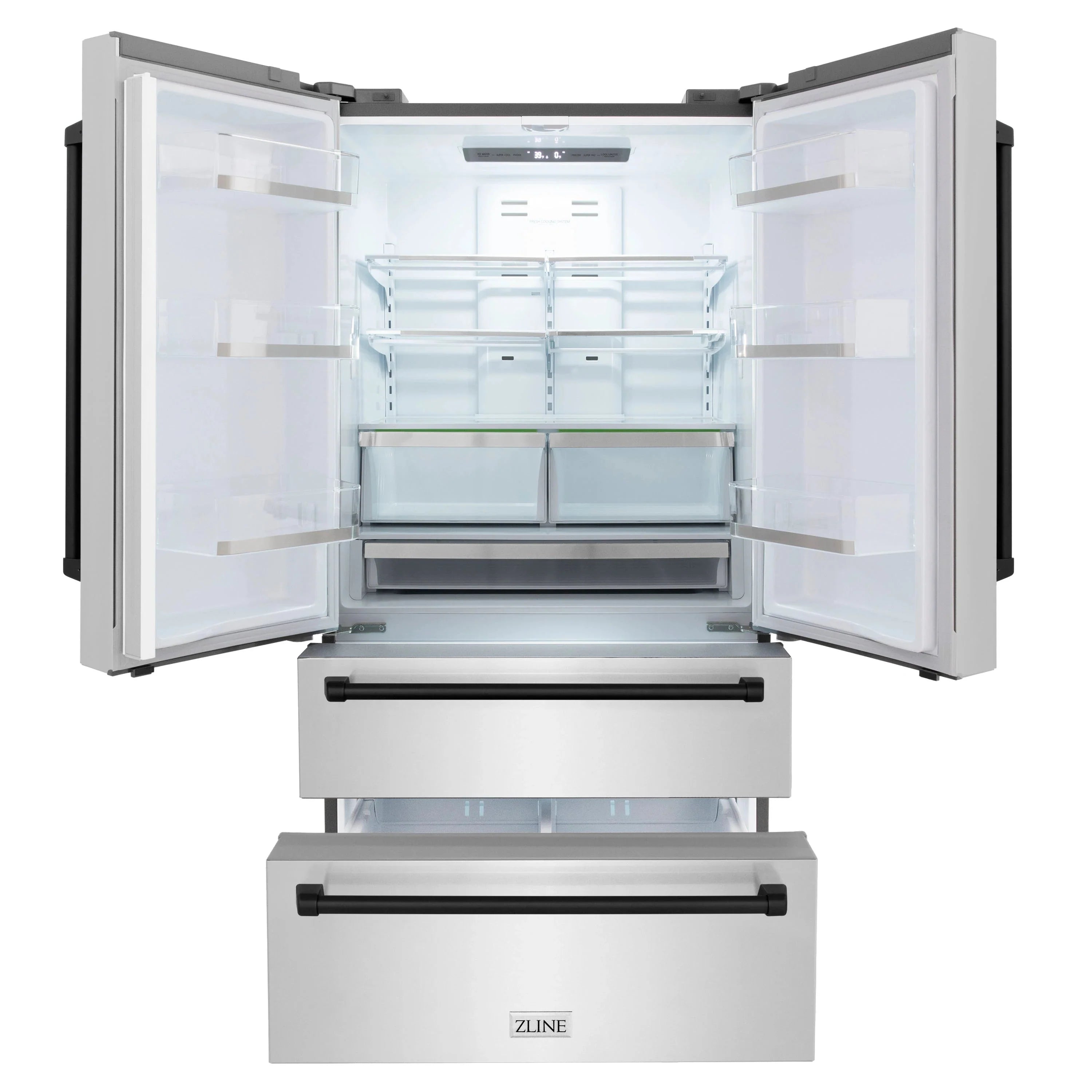 French door refrigerator with both doors open, interior shelves, and bottom drawer