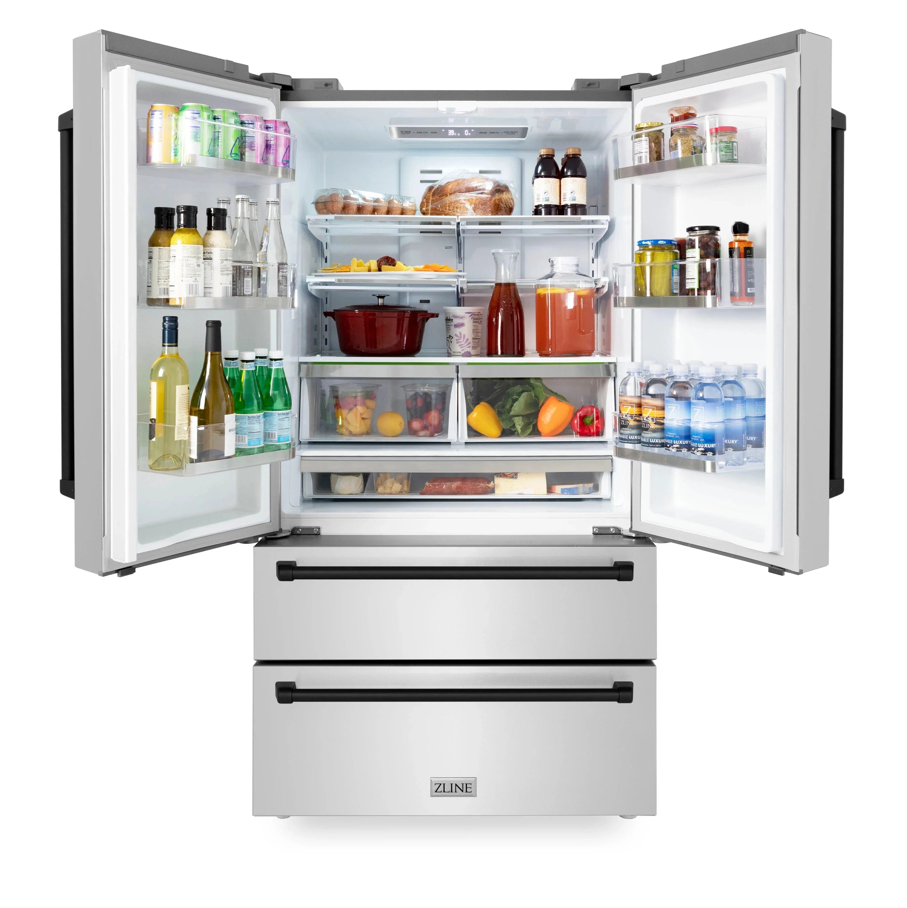 Stainless steel French door refrigerator with open doors and interior shelves