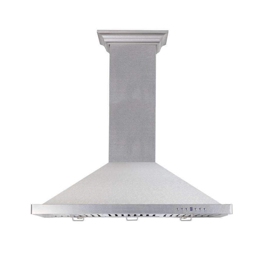 Satin stainless steel chimney range hood with front vent slots and canopy controls