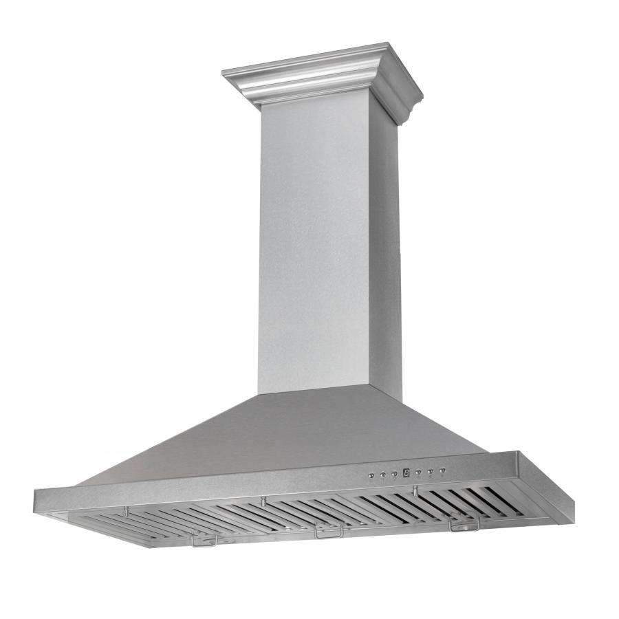 Satin stainless steel chimney range hood with angled vented canopy and chimney column