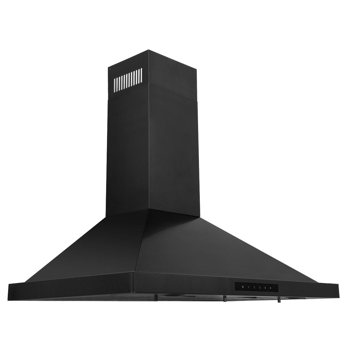 Black convertible chimney-style range hood with angled filter panel