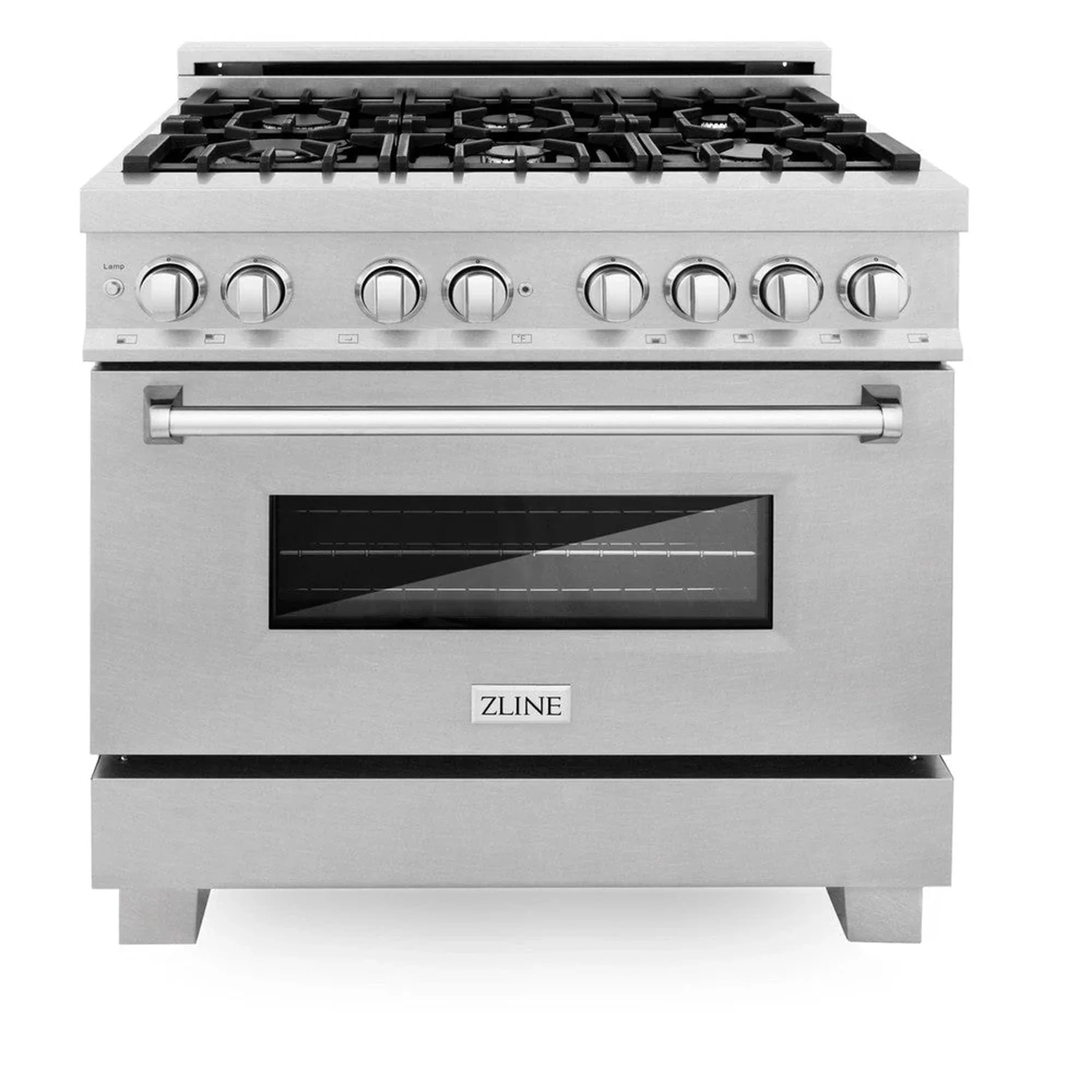 Satin stainless dual-fuel range with five gas burners and oven window