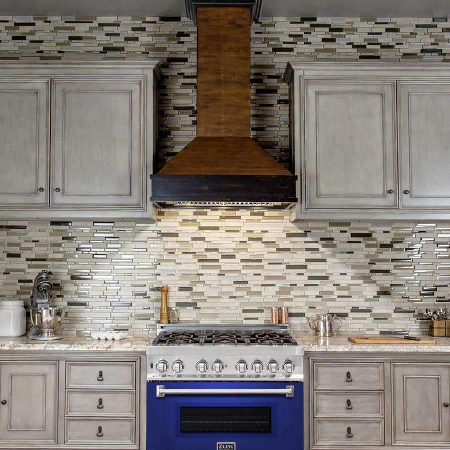 Dual fuel range with blue oven door under a wall-mounted vent hood